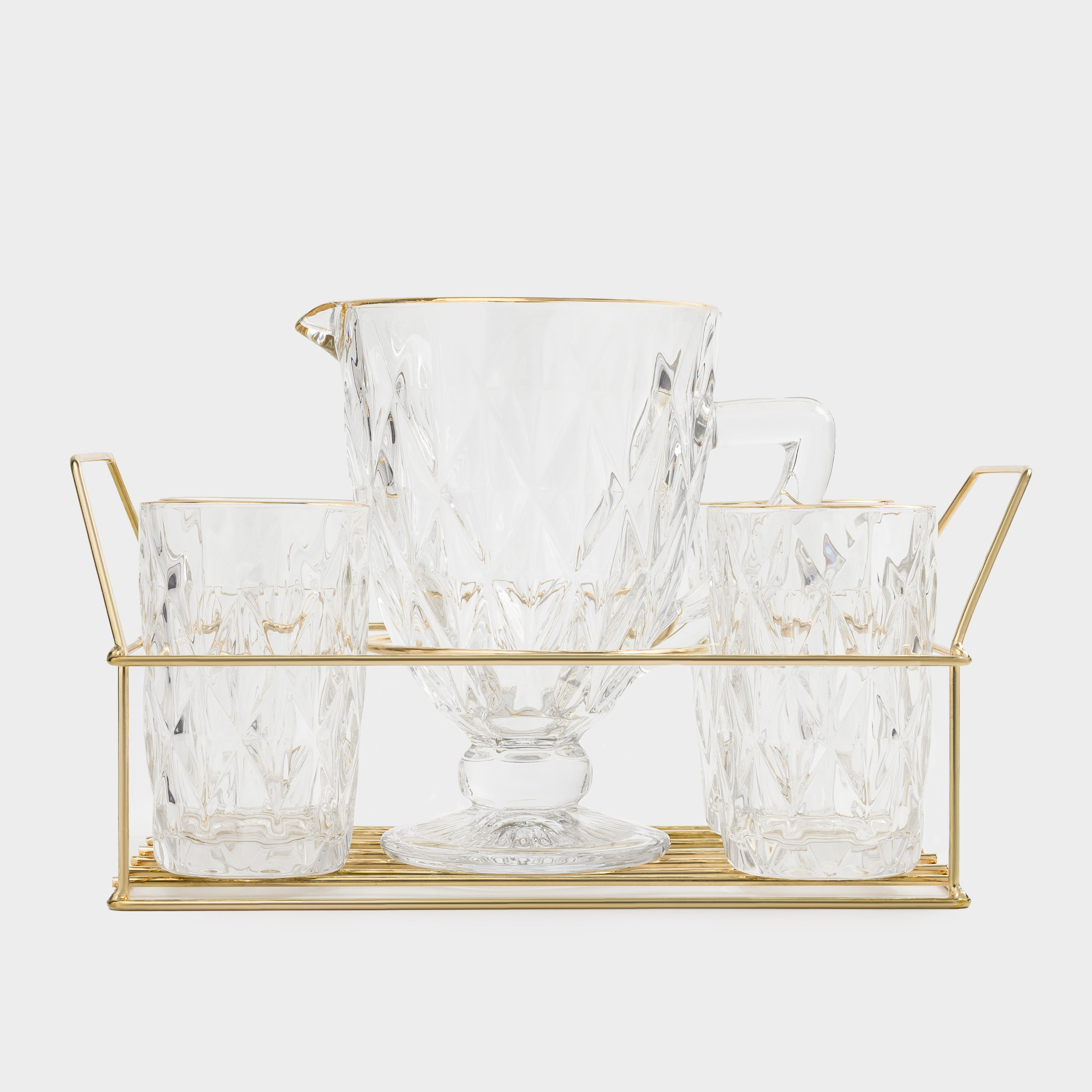 Set for drinks, 4 persons, 5 items, on a stand, glass R / metal, golden, Rhomb gold