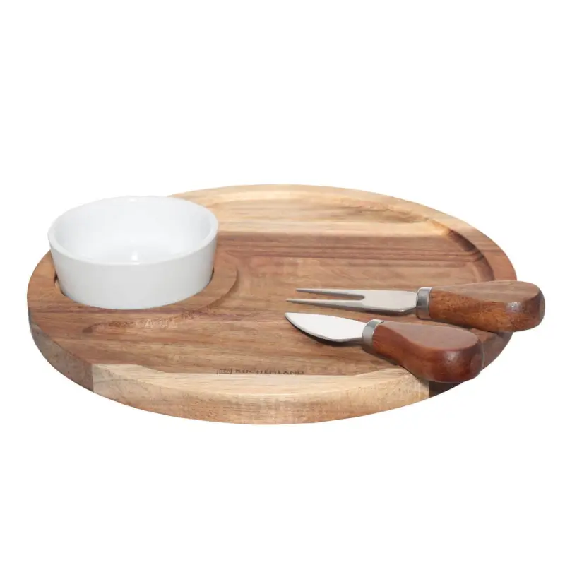 Cheese set, 4 pcs, dish board/bowl, steel / ceramic / wood, Circle, Noble tree