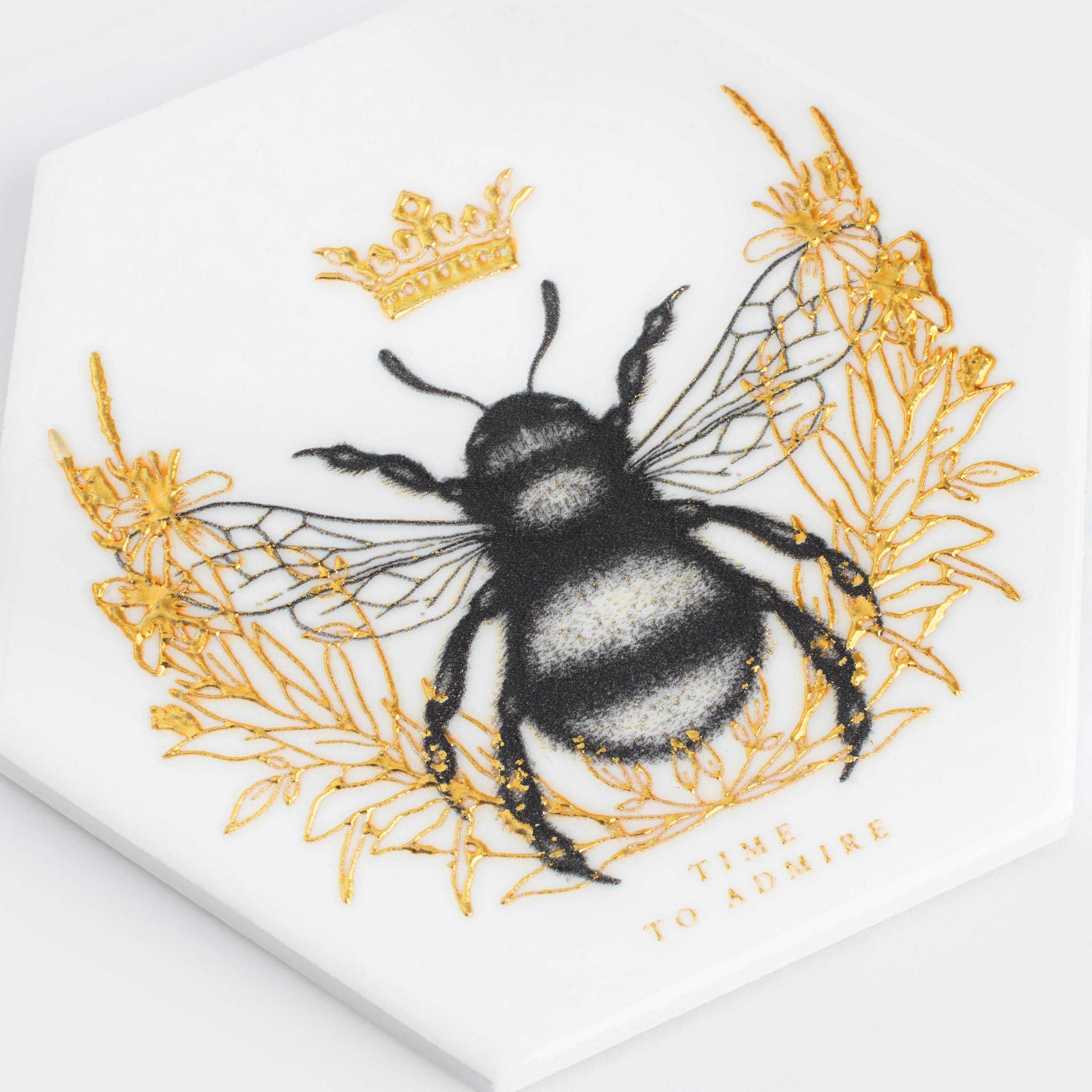 Coaster, 11 cm, ceramic / cork, hexagonal, white, Royal bee, Honey