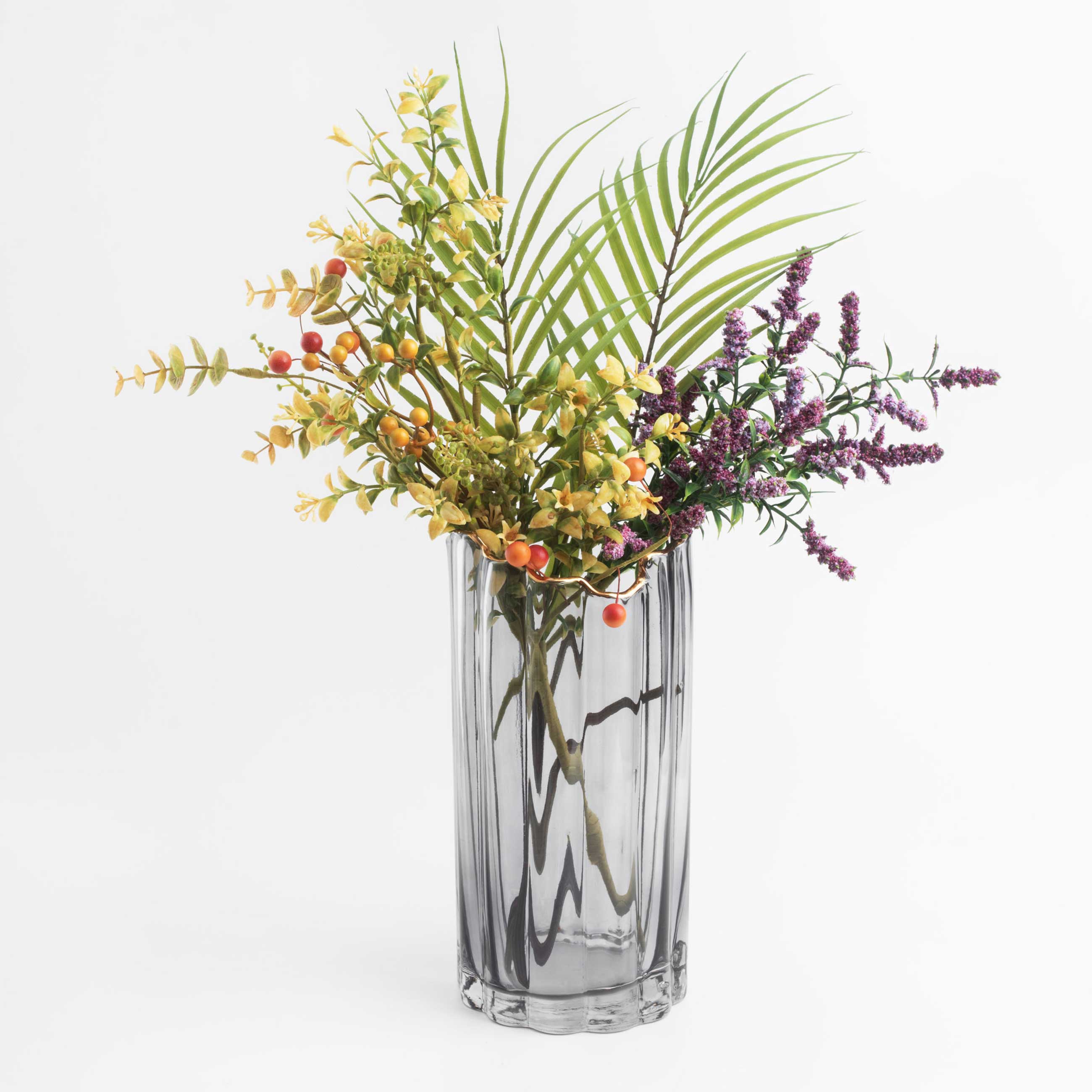 Flower vase, 25 cm, glass, grey, with golden edging, Berg