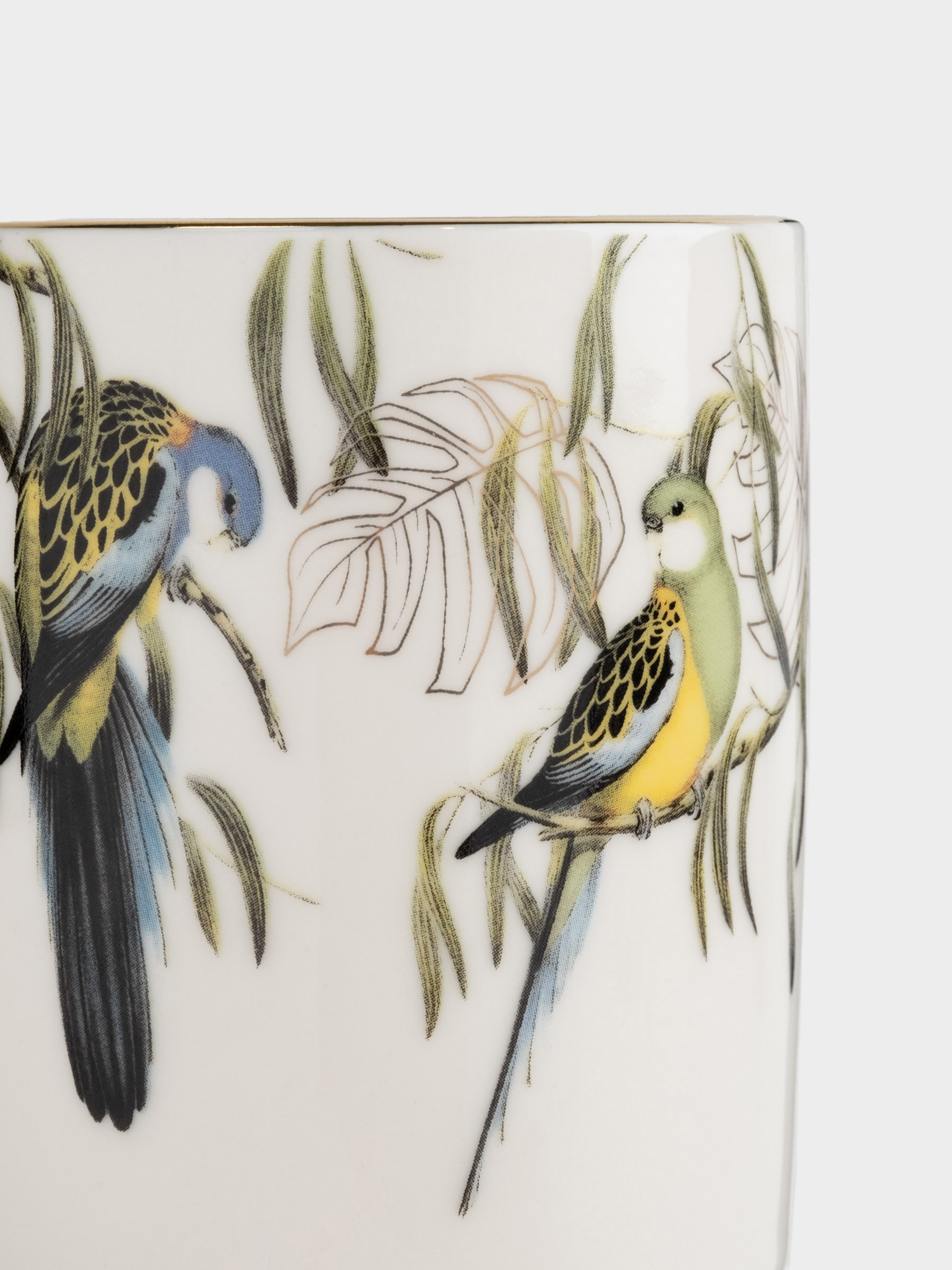 Mug, 350 ml, porcelain N, white and gold, Parrots on branches, Glorious bird, image-3