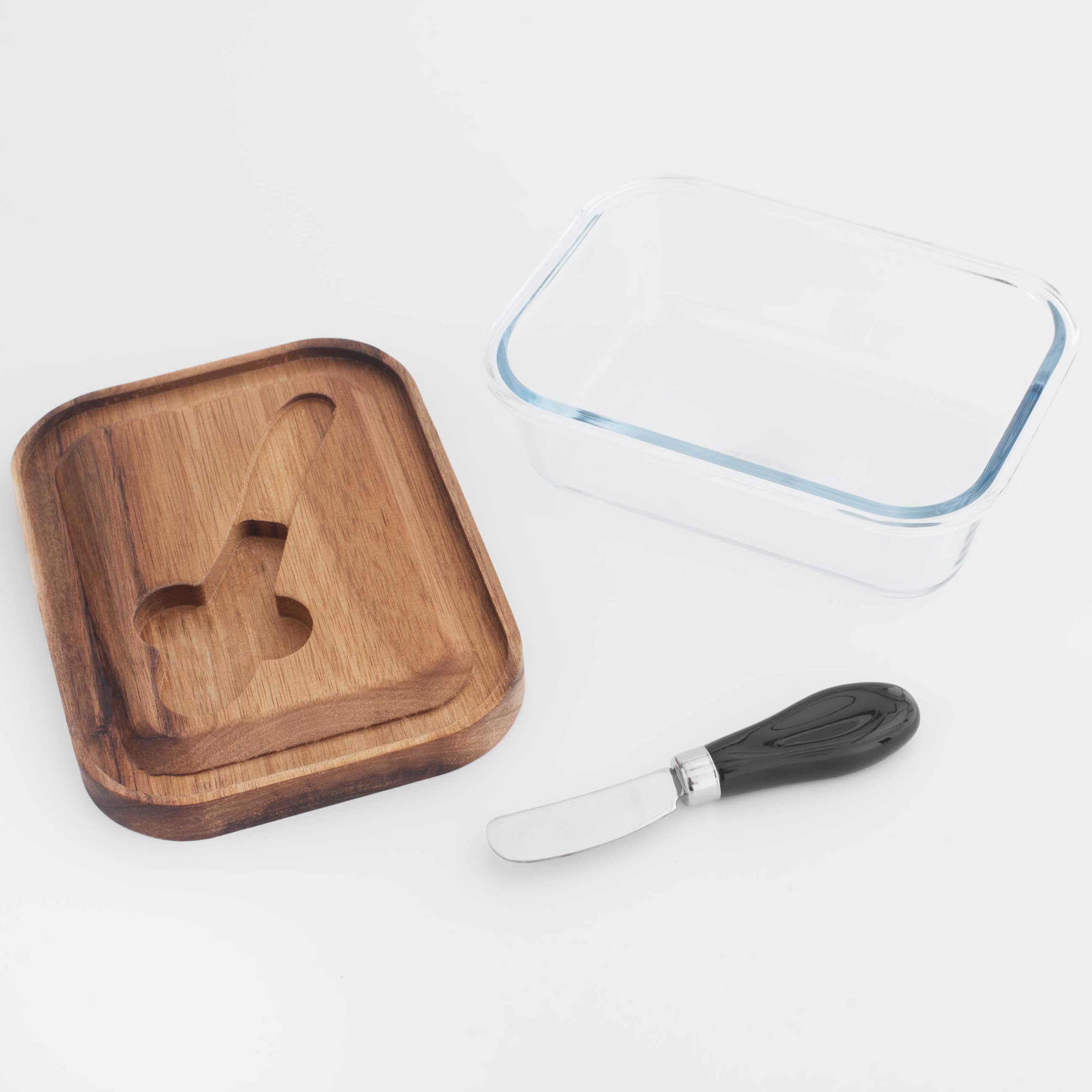Butter dish, 18 cm, with knife, wood/glass / steel, rectangular, Noble tree