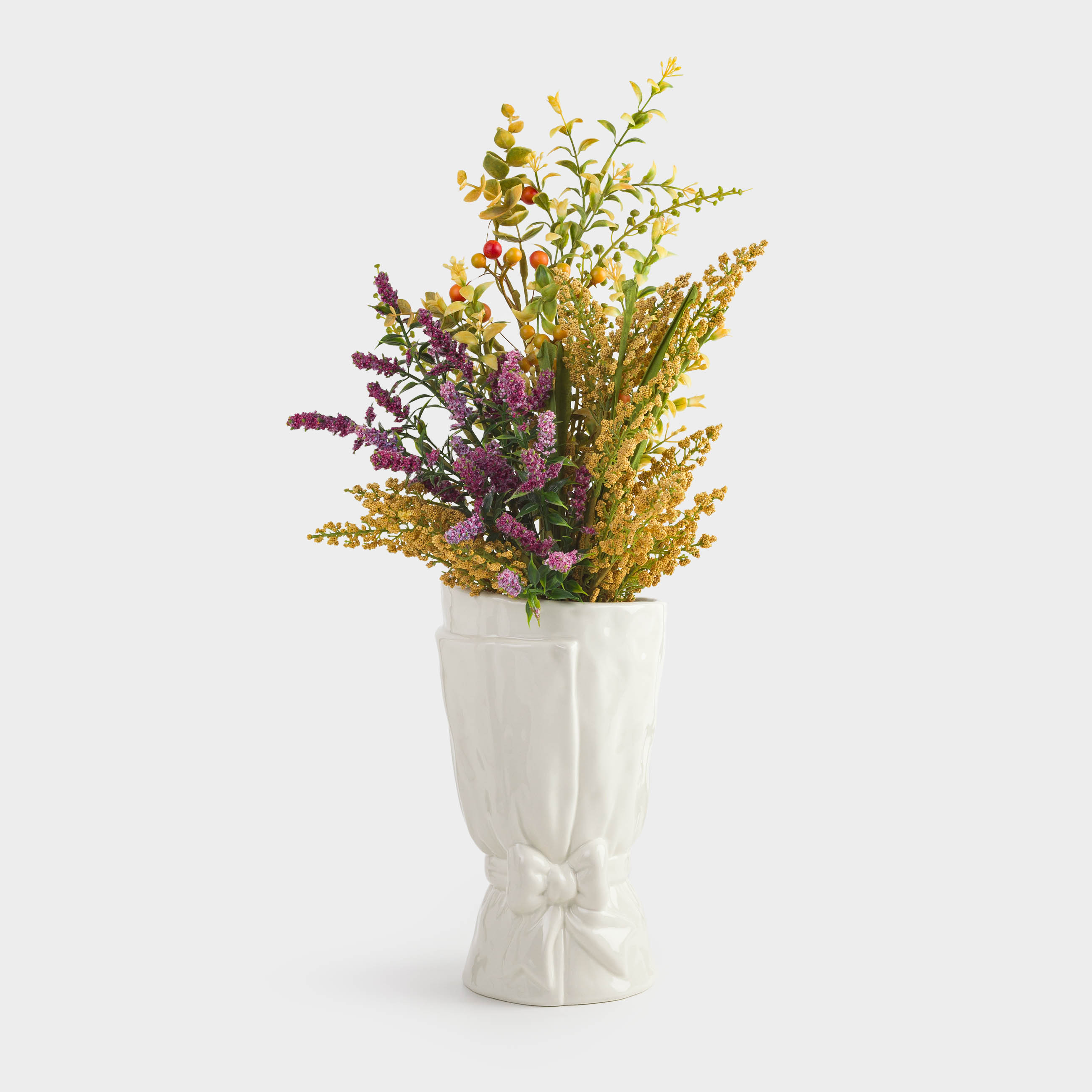 Flower vase, 26 cm, decorative, ceramic, milky, Bouquet with bow, Crumple
