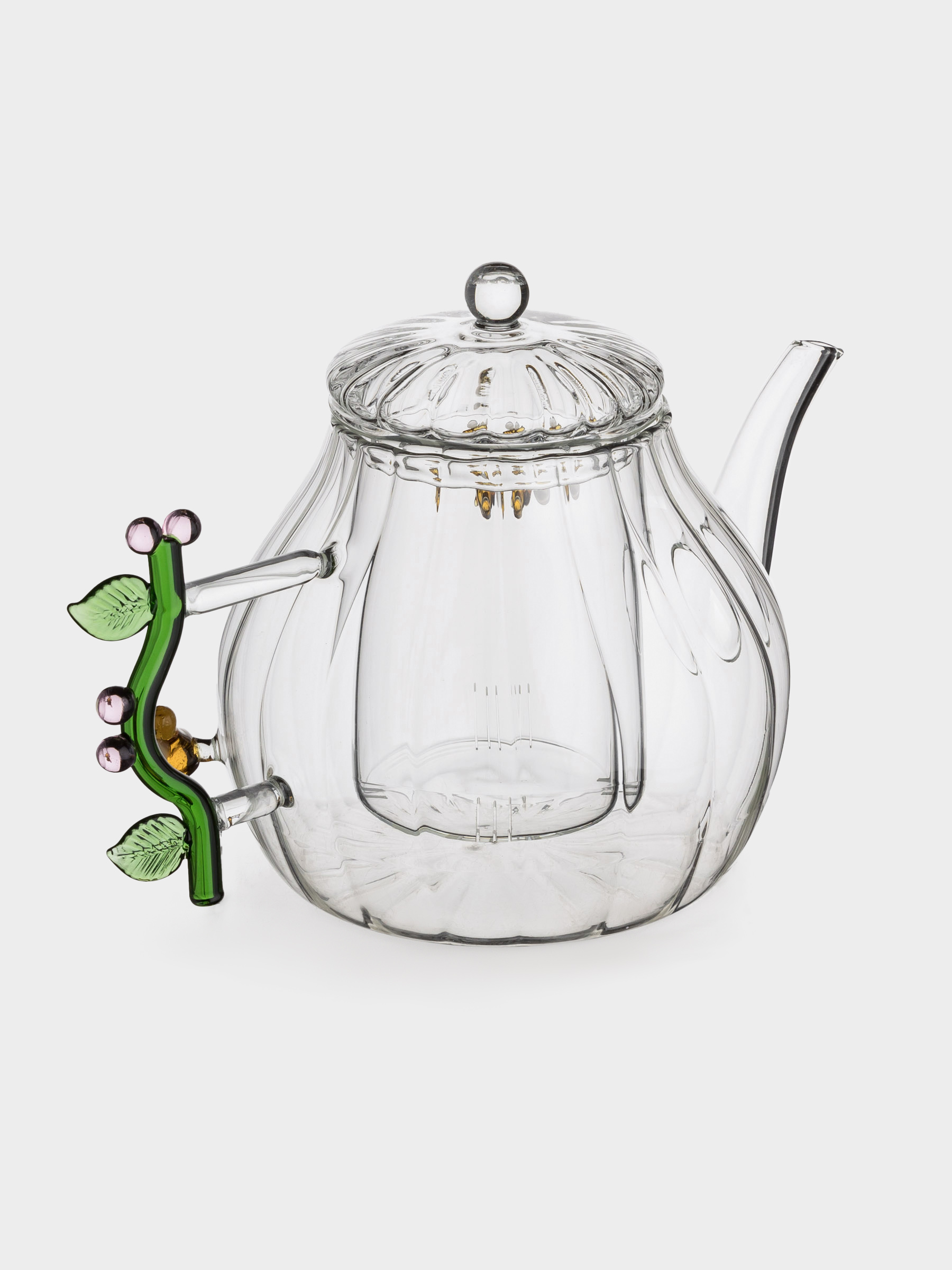 Teapot, 1 l, glass B, with green handle, Bees, Camellia shape, image-1