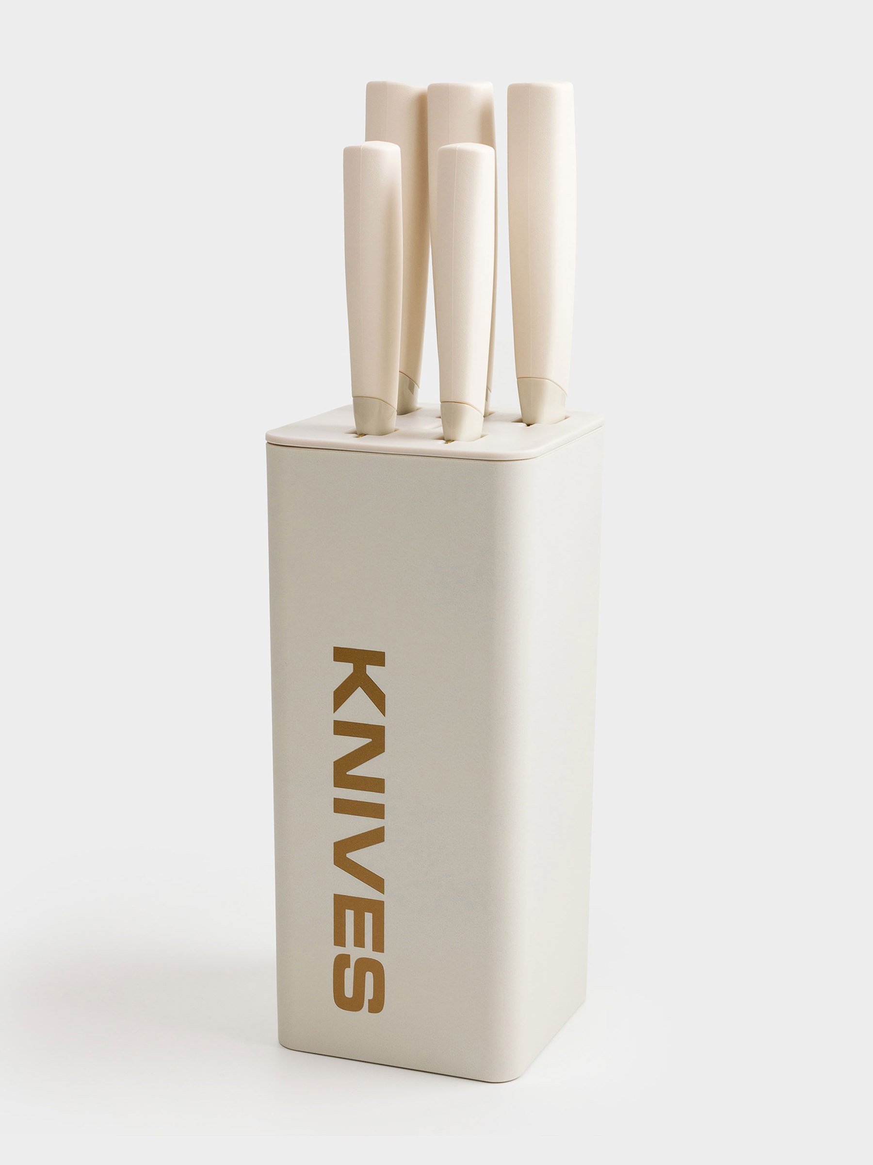 Knife set, 5 items, in stand, steel / plastic, beige, Levadi, image-5