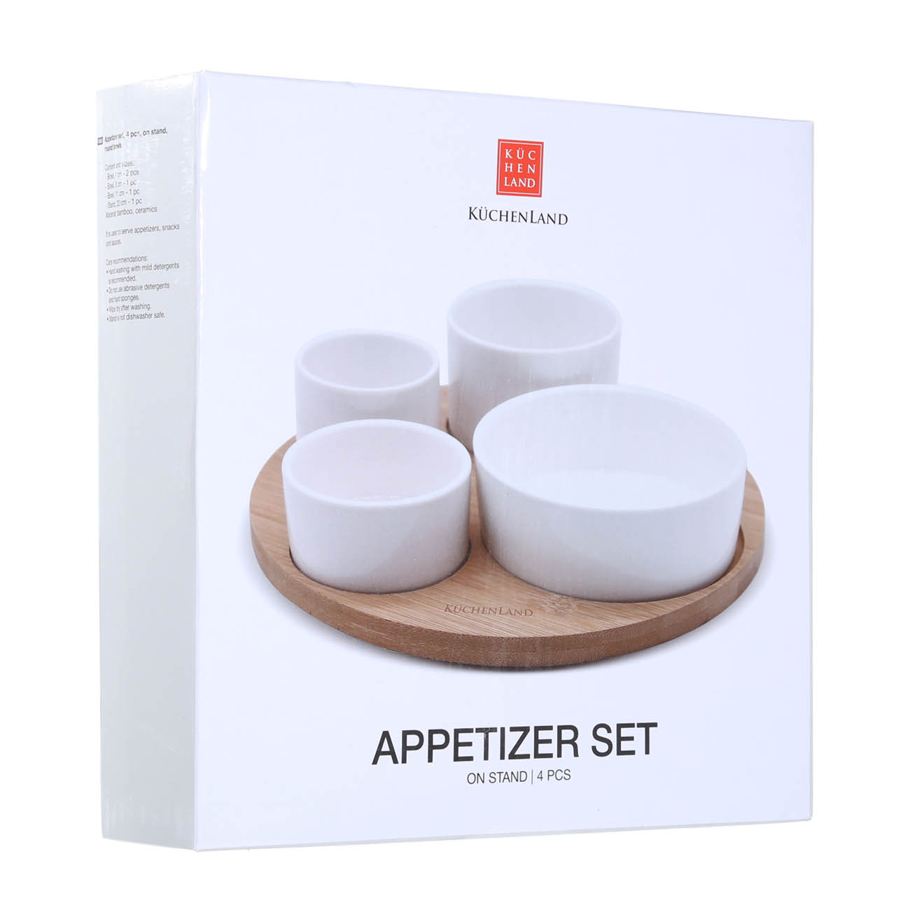 Snack set, 4 pcs, on a stand, ceramic / bamboo, white, round bowls, Bamboo
