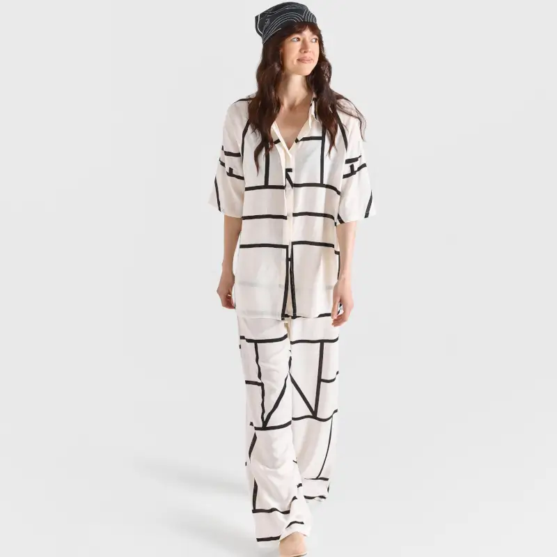 Women's trousers, size L, wide, viscose, black and white, Lines, Nataly ,image-0
