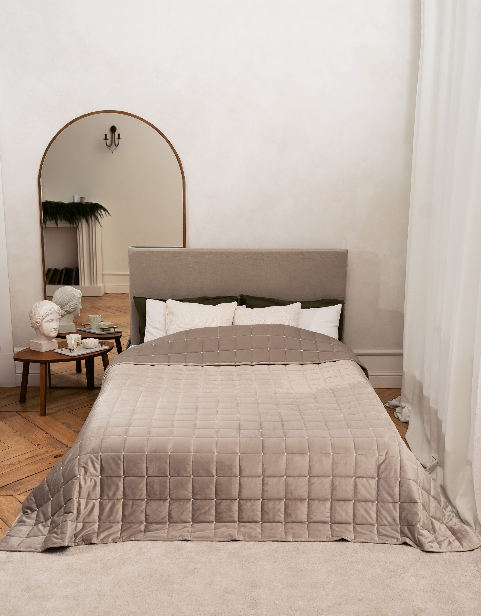 Bedspread, 220x240 cm, quilted, velvet/microfiber, gray, Squares, Stitch velvet, image-0
