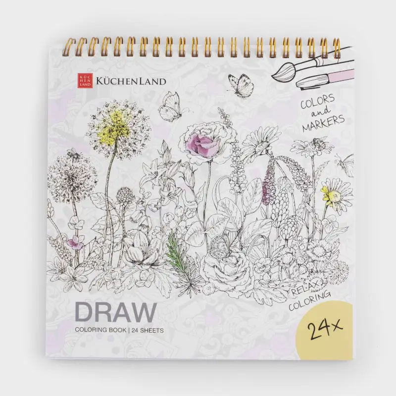 Coloring book, 21x21 cm, 24 sheets, on rings, Animals and Flowers, Draw ,image-0