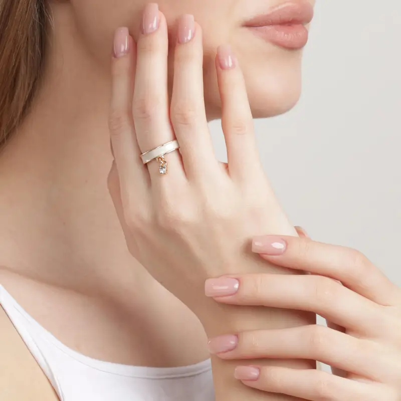 Ring, size S-M, single size, with pendant, metal, golden beige, Pearl