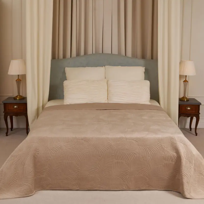 Bedspread, 220x240 cm, quilted, polyester, beige / gray, Palm leaf, Stitch velvet