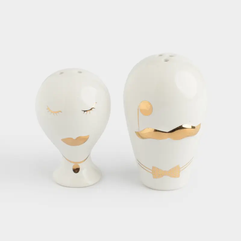 Salt and pepper set, 8 cm, ceramic, white and gold, Cavalier and Lady, He&She ,image-0