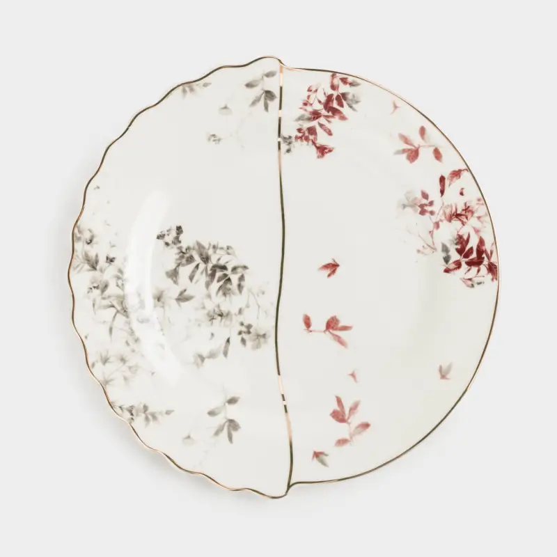 Dessert plate, 20 cm, porcelain N, white, with golden edging, autumn leaves, Flourish