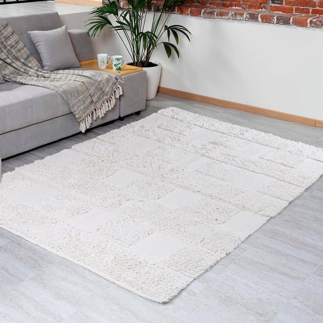 Carpet, 120x180 cm, with pile, cotton, ecru, Cage pattern