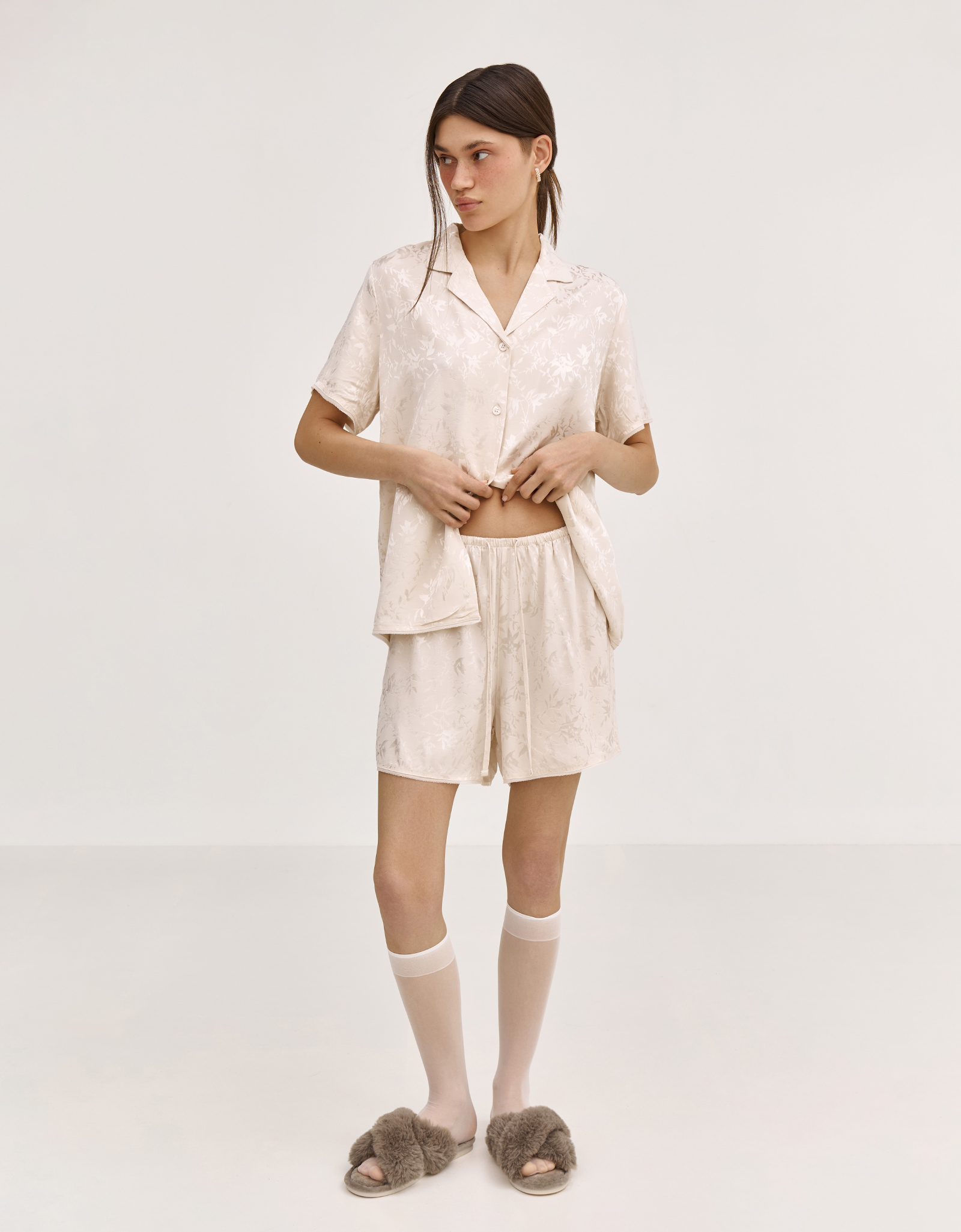 Women's shorts, homewear, size L, viscose, milky, Flowers, Arisha, image-0