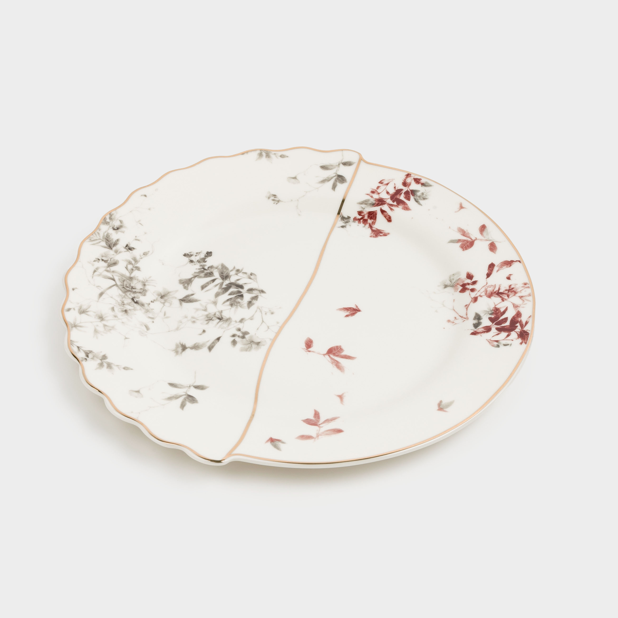 Dessert plate, 20 cm, porcelain N, white, with golden edging, autumn leaves, Flourish