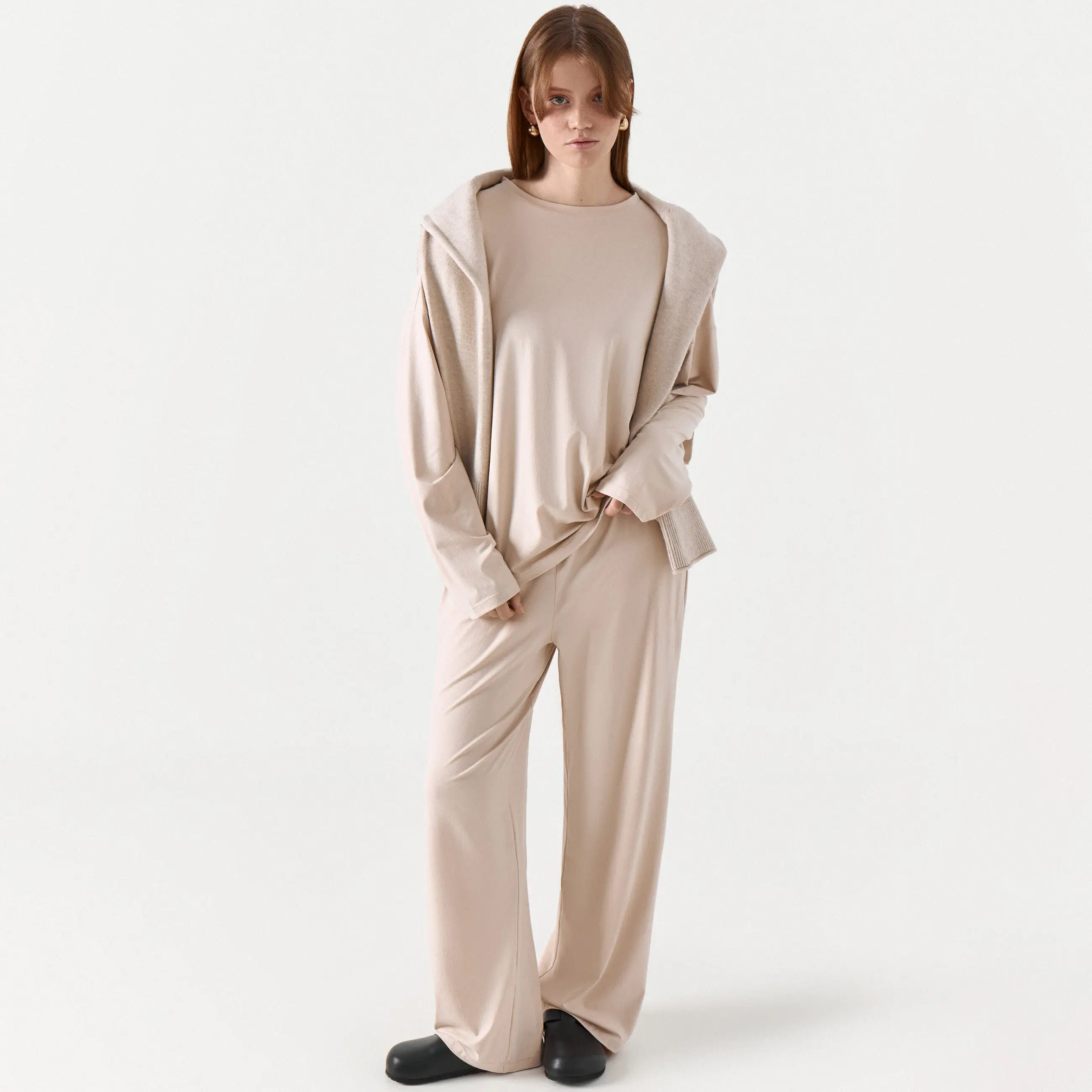 Women's trousers, homewear, size L, polyester / elastane, sand, Vitalina