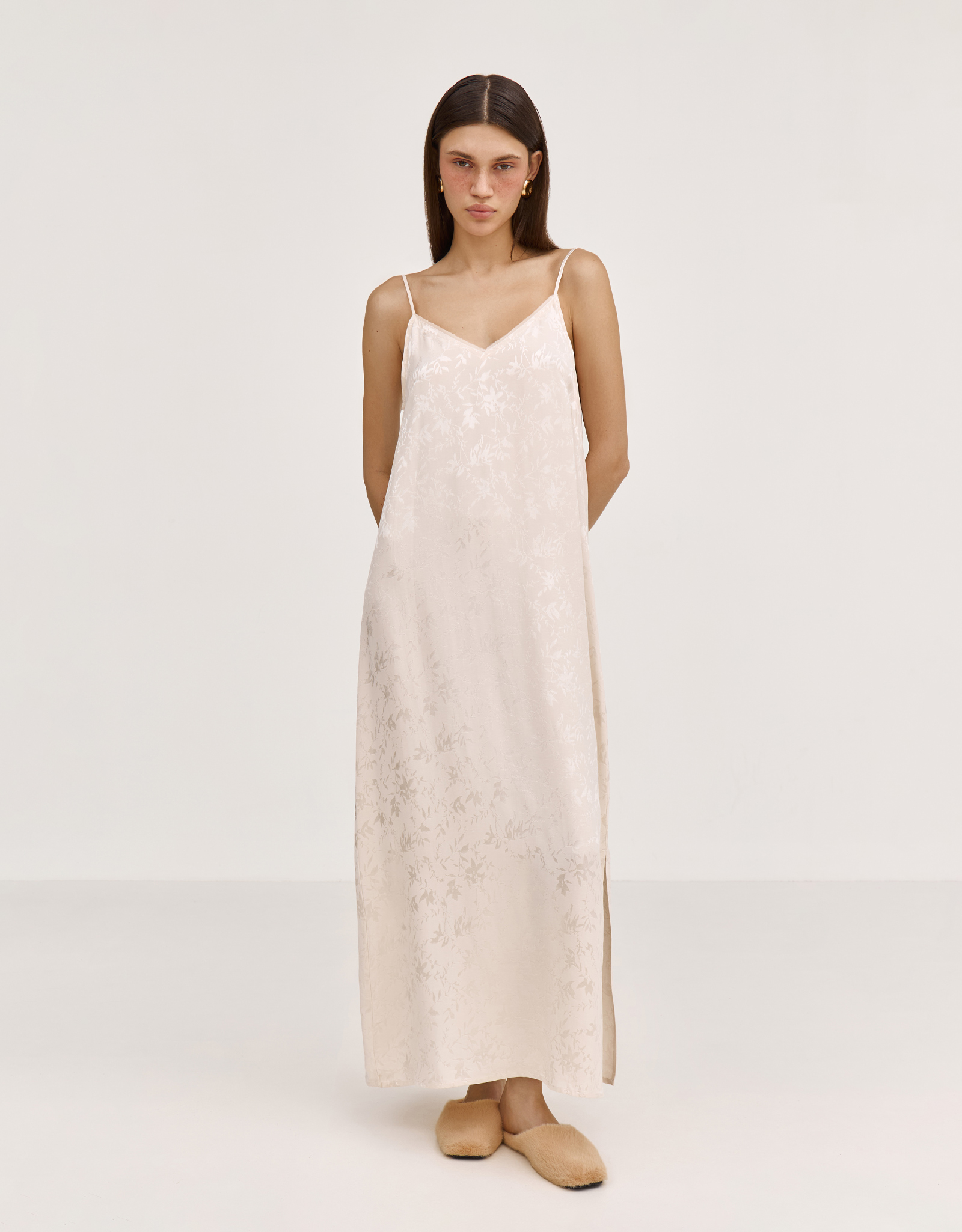 Women's dress, homewear, midi, size L, with straps, viscose, milky, Flowers, Arisha, image-0