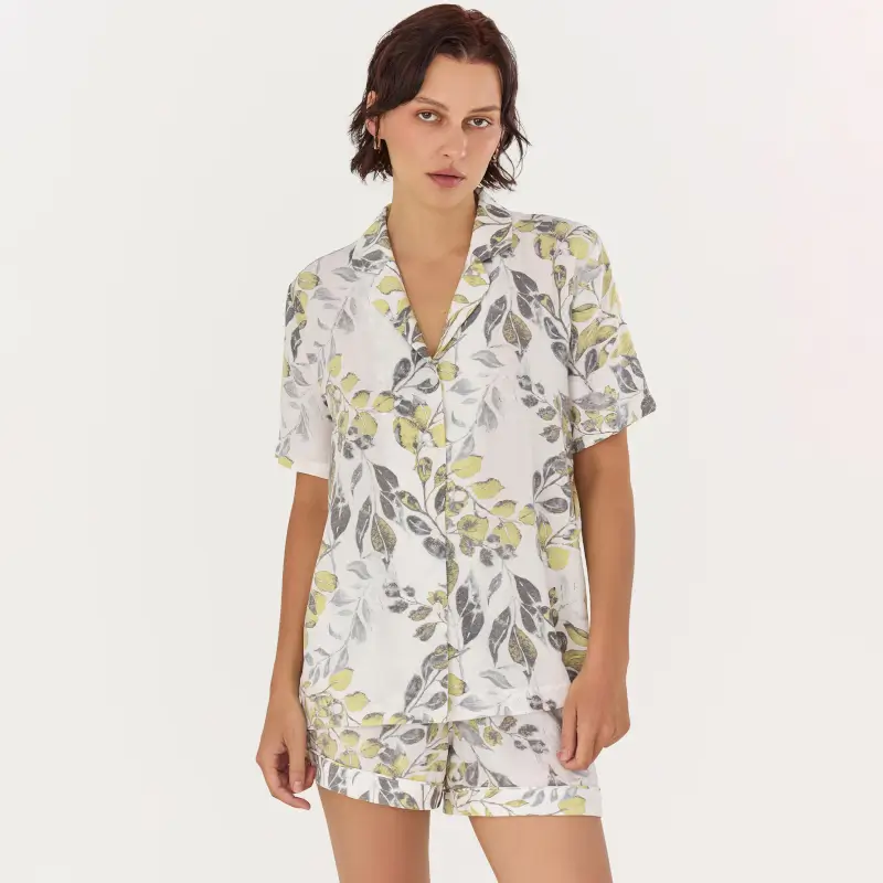 Women's shirt, homewear, size M, with short sleeves, viscose, white and yellow, Leaves, Leksi ,image-0