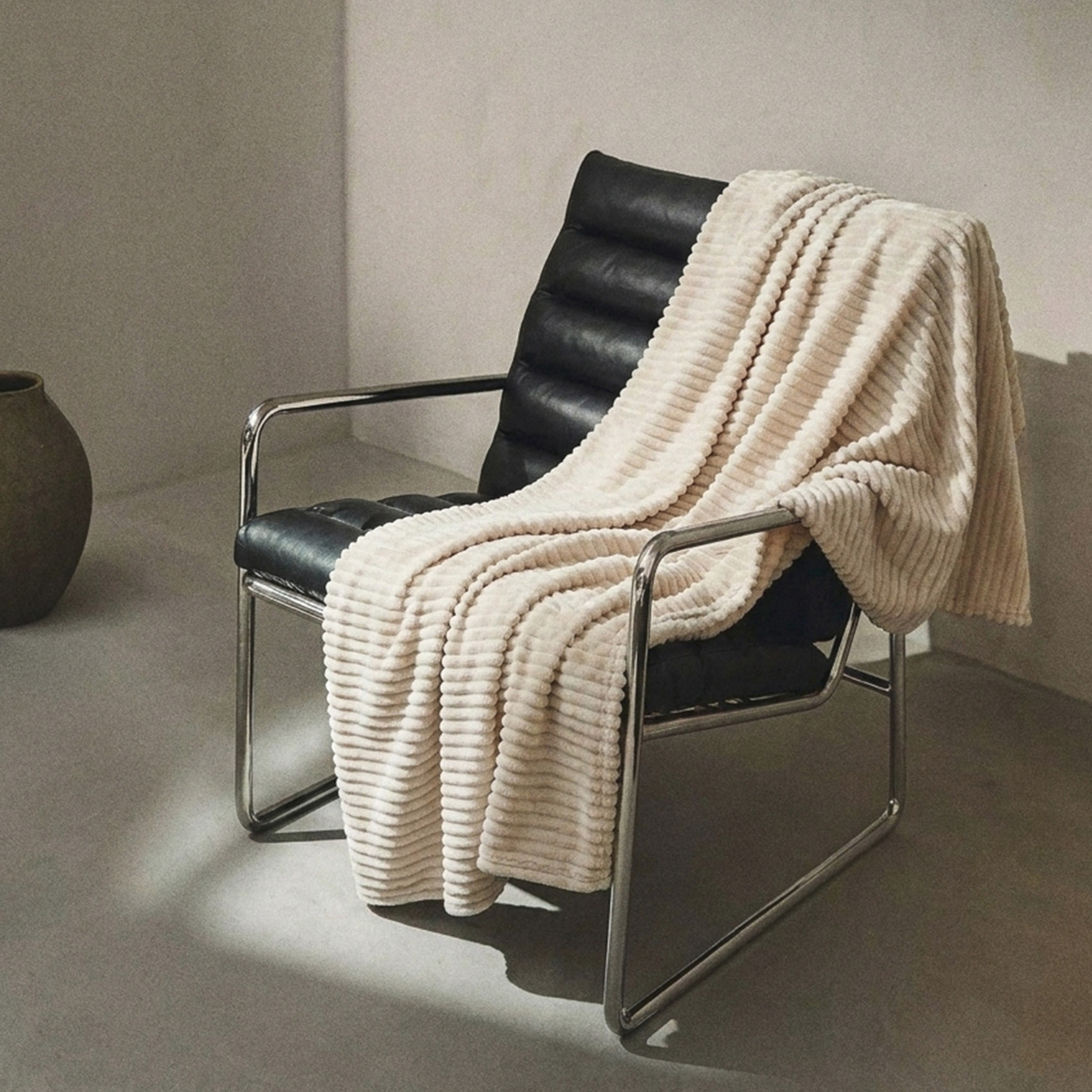 Plaid, 130x170 cm, flannel, sand, Voluminous stripes, Flannel