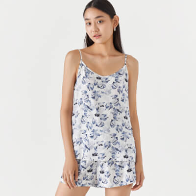 Women's top, homewear, size L, straps, viscose, white and blue, Leaves, Lori ,image-0