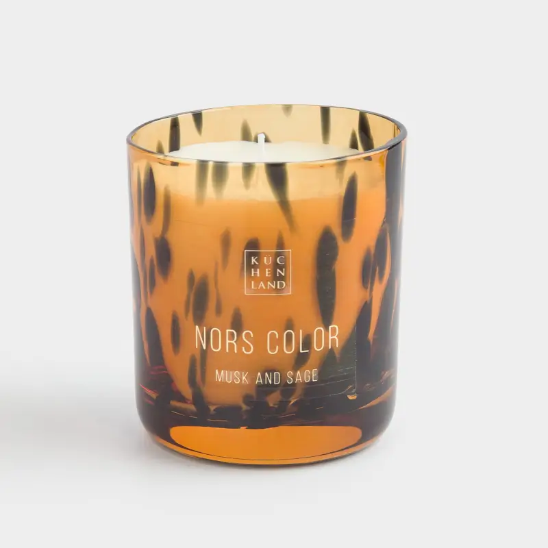Scented candle, 10 cm, in a candlestick, glass, Musk and Sage, Animal pattern, Nors color ,image-0