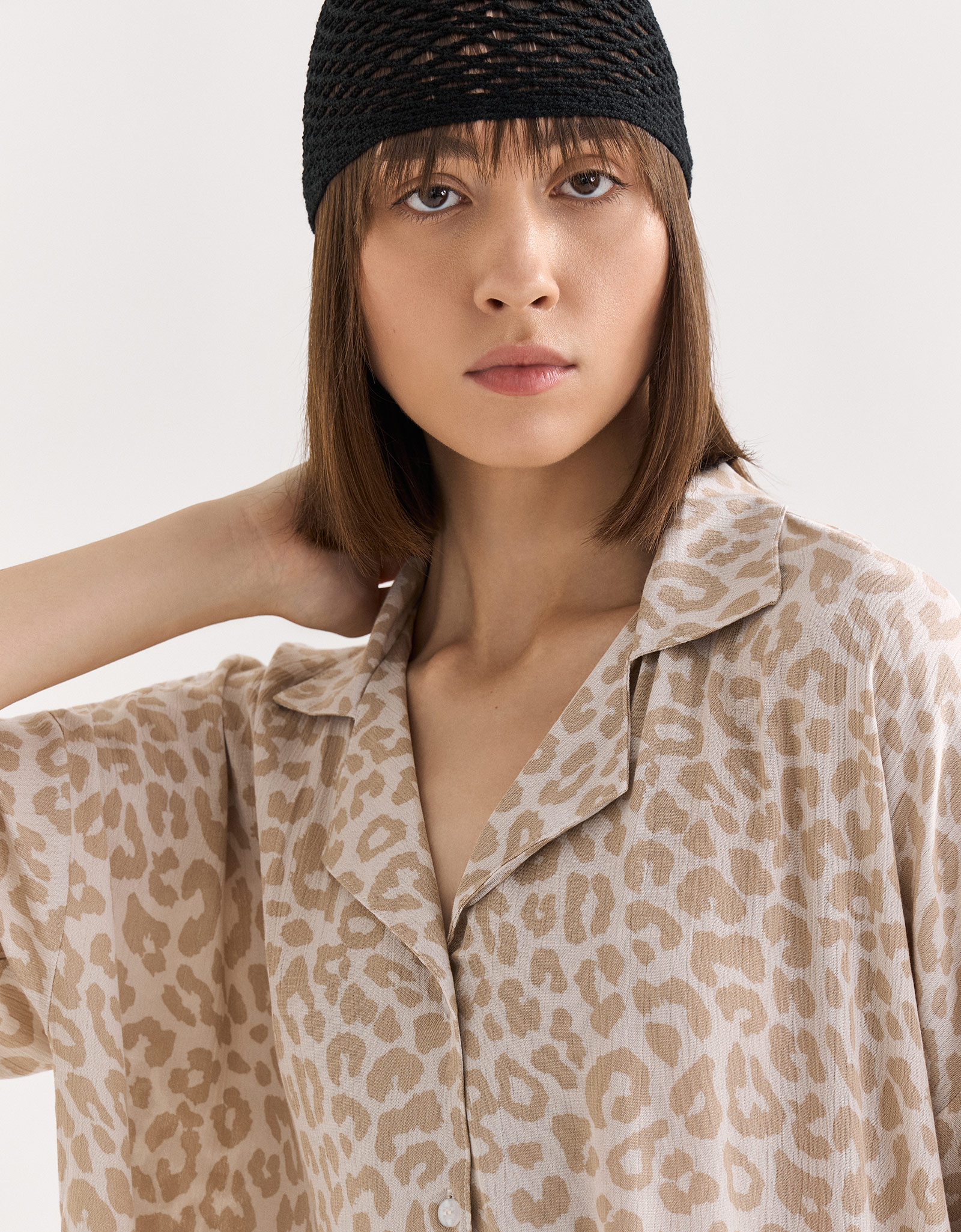 Women's shirt, size S, with short sleeves, viscose, gray-beige, Leopard, Becky, image-5