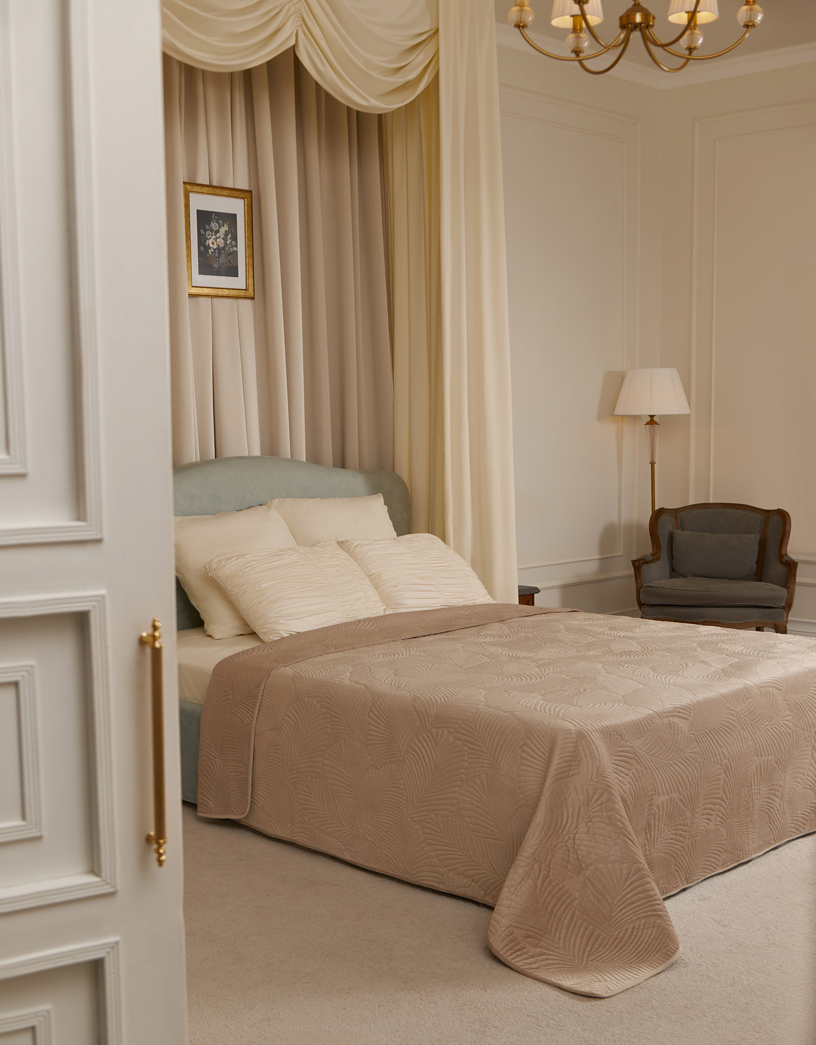 Bedspread, 220x240 cm, quilted, polyester, beige / gray, Palm leaf, Stitch velvet, image-4