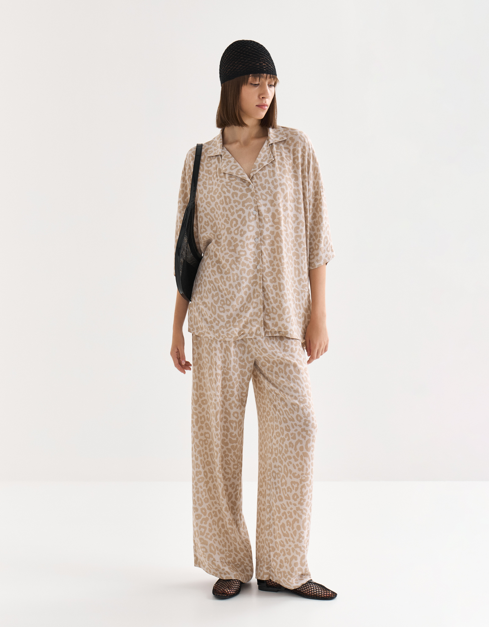 Women's trousers, size S, viscose, gray-beige, Leopard, Becky, image-0