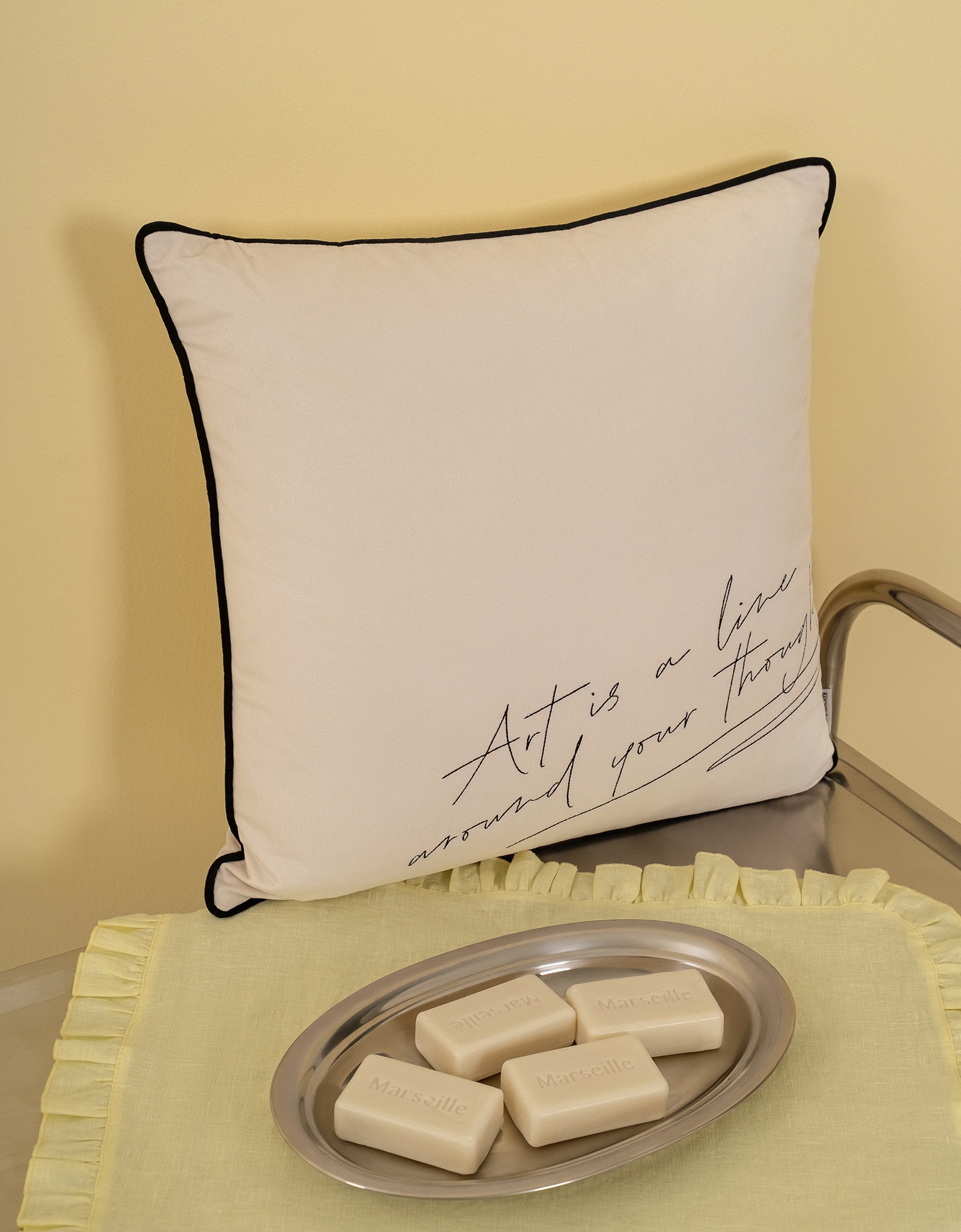Decorative pillow, 45x45 cm, velvet, milky, Art is a line around your thoughts, Scroll, image-3