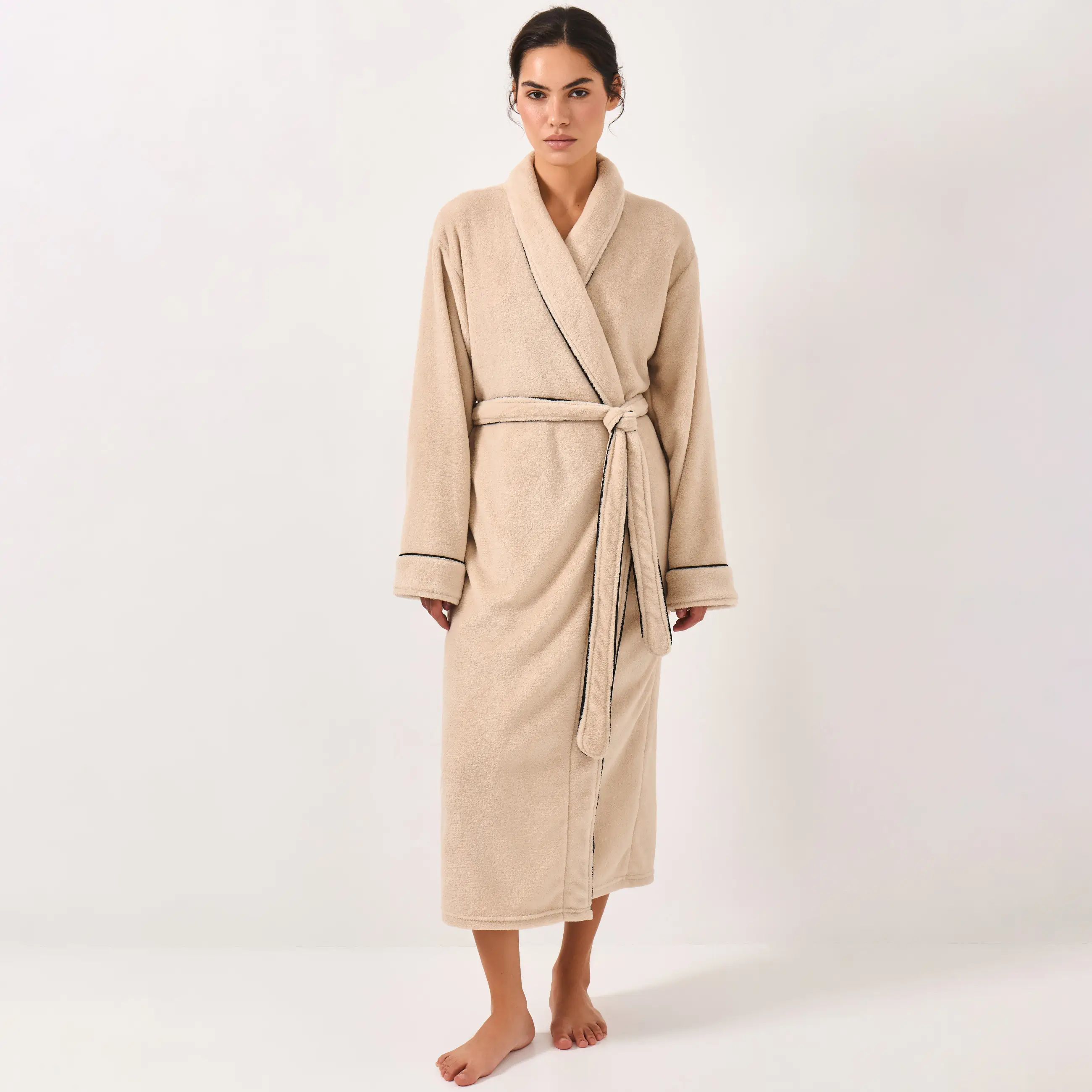 Women's robe, homewear, size L / XL, with long sleeves, fleece, beige, Black edging, Jack