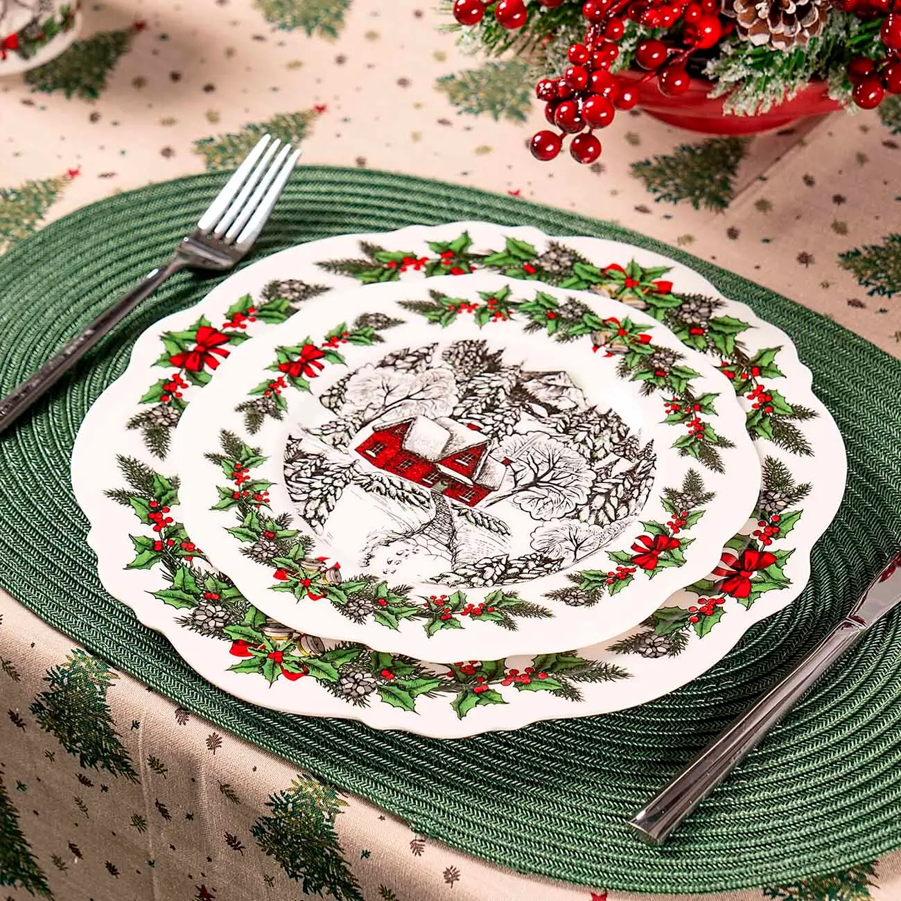 Dining plate, 27 cm, porcelain N, white, House in the forest, Forest house