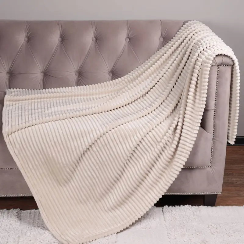 Plaid, 130x170 cm, flannel, sand, Voluminous stripes, Flannel