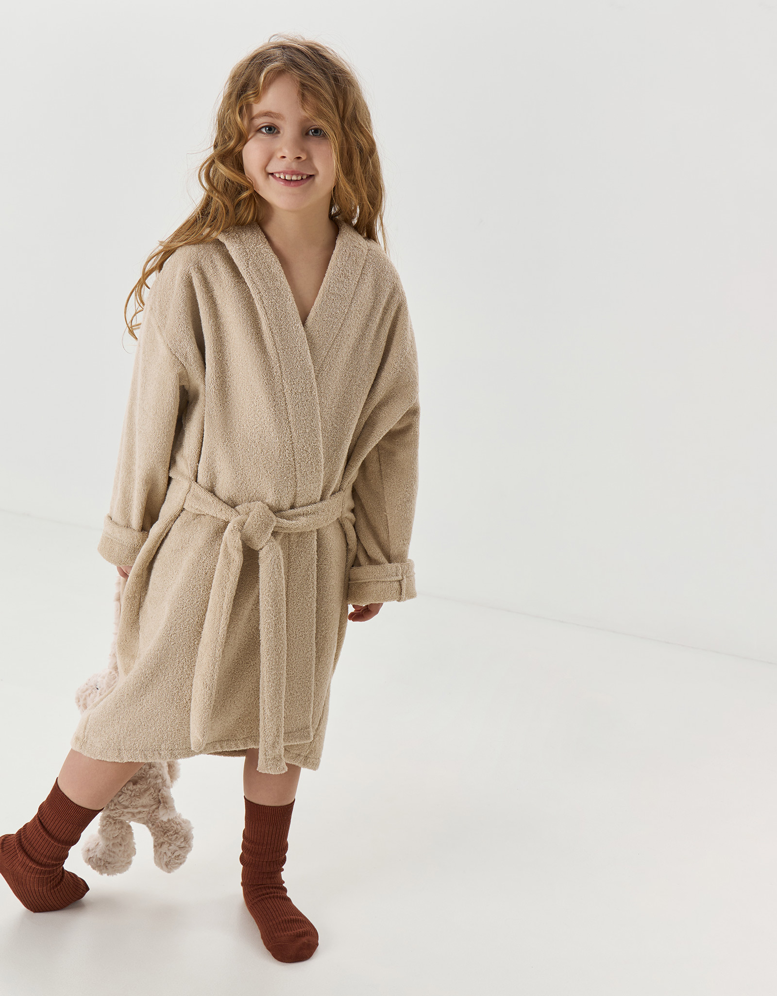 Children's robe, size 110-122 cm, with long sleeves, hooded, cotton, beige, Ears, Teddy, image-6