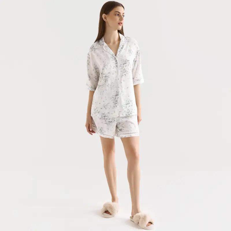 Women's shorts, homewear, size L, viscose, milky, Flowers, Arsinoa ,image-0