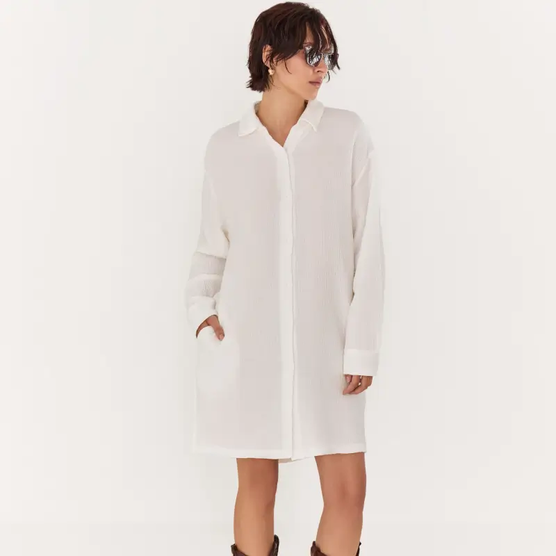 Women's shirt dress, mini, size L, with long sleeves, muslin, milky, Allison ,image-0