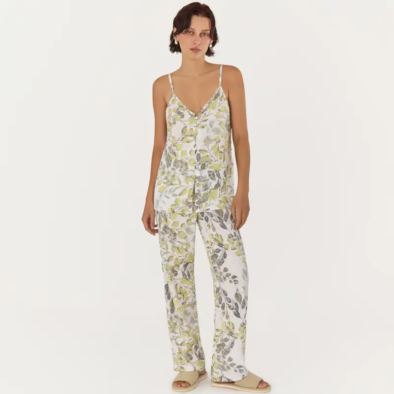 Women's trousers, homewear, size L, viscose, white and yellow, Leaves, Leksi ,image-0