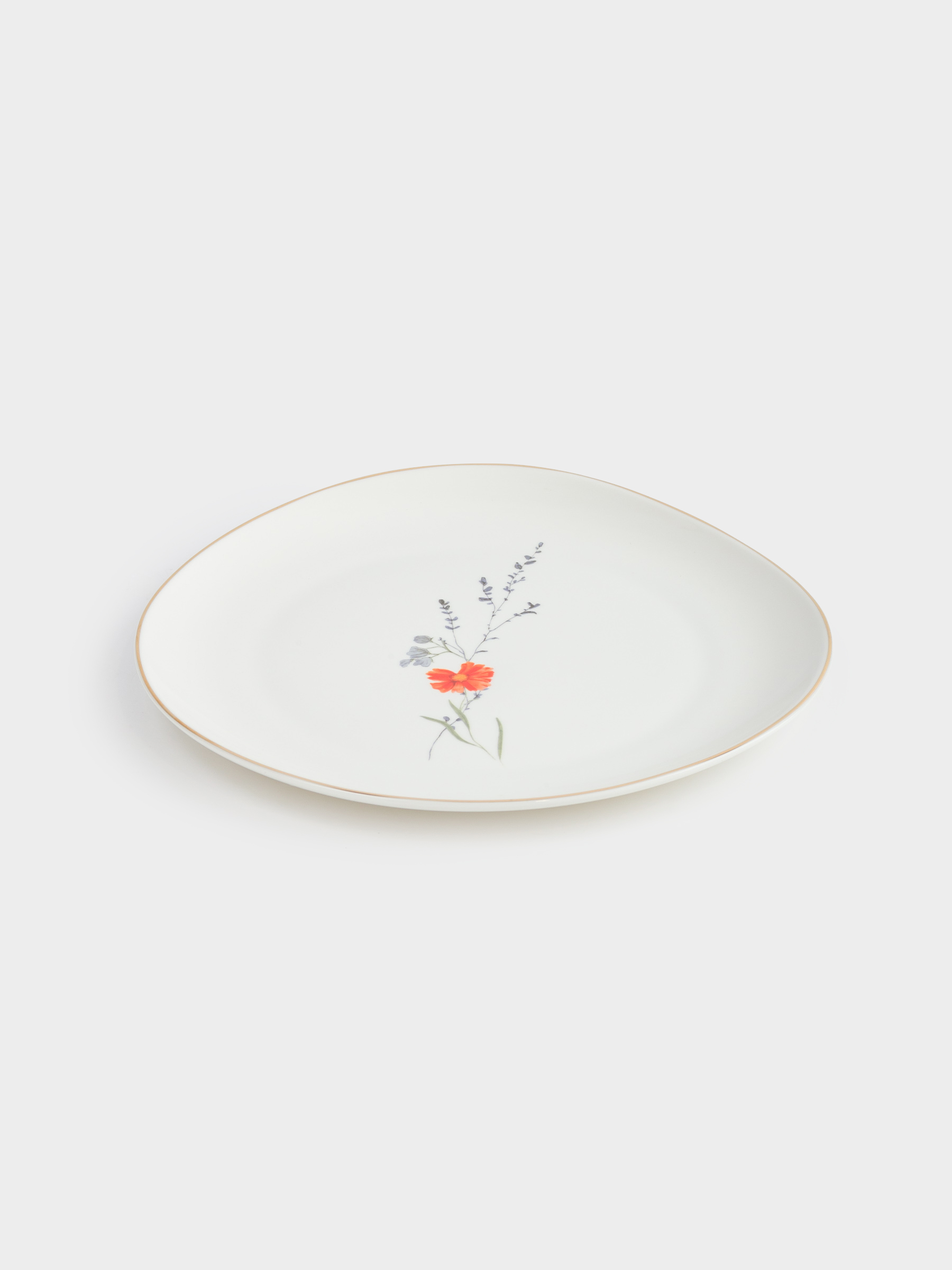 Snack plate, 21 cm, porcelain N, white, with golden edging, wildflowers, Yarrow, image-2
