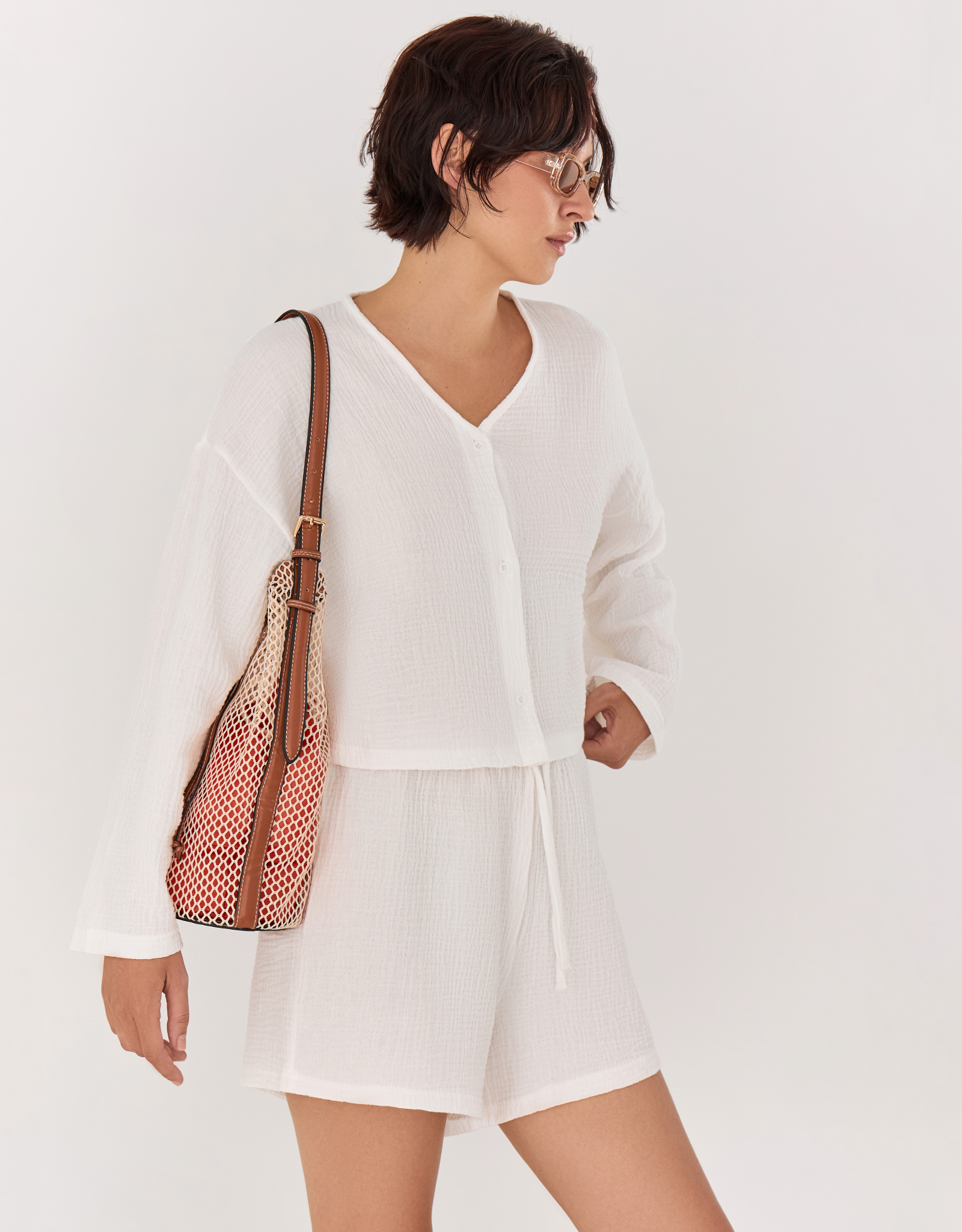 Women's shirt, size L, with short sleeves, muslin, white, Allison, image-1