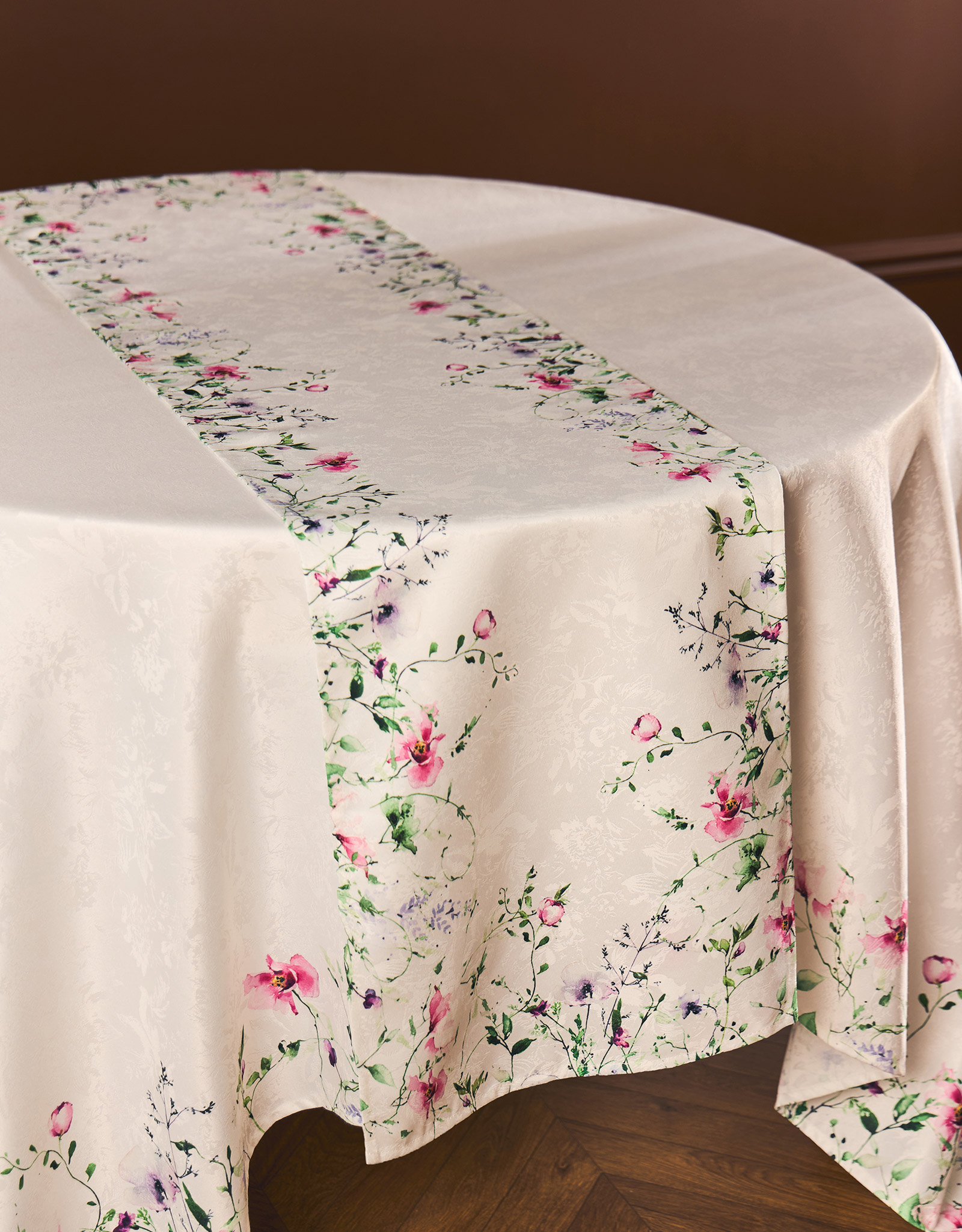 Table runner, 40x160 cm, jacquard, polyester, white, Spring flowers, Petal serenity