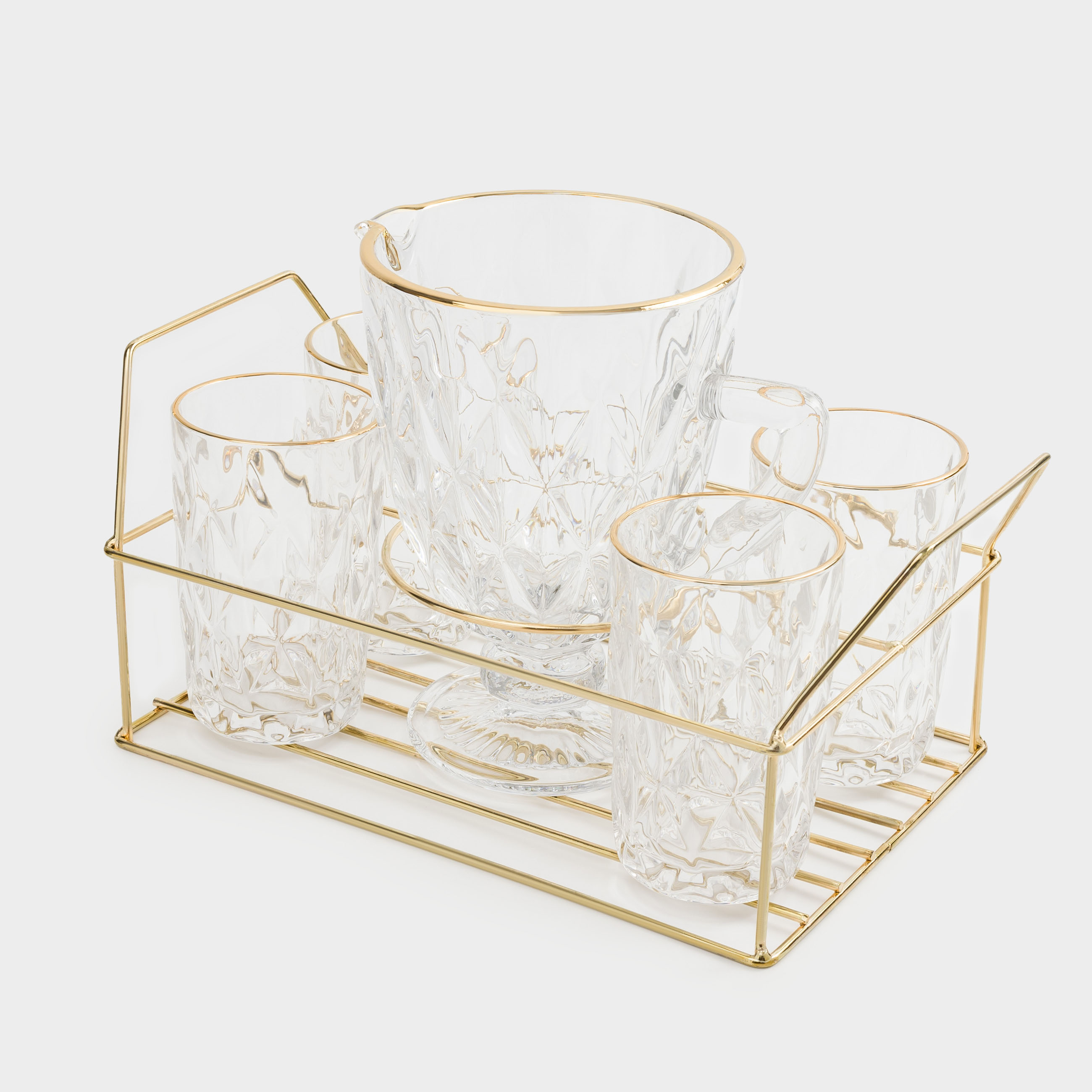 Set for drinks, 4 persons, 5 items, on a stand, glass R / metal, golden, Rhomb gold