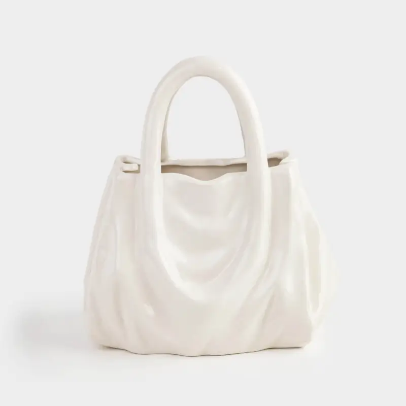 Flower vase, 20x22 cm, decorative, ceramic, milky, Crumpled effect, Bag, Crumple