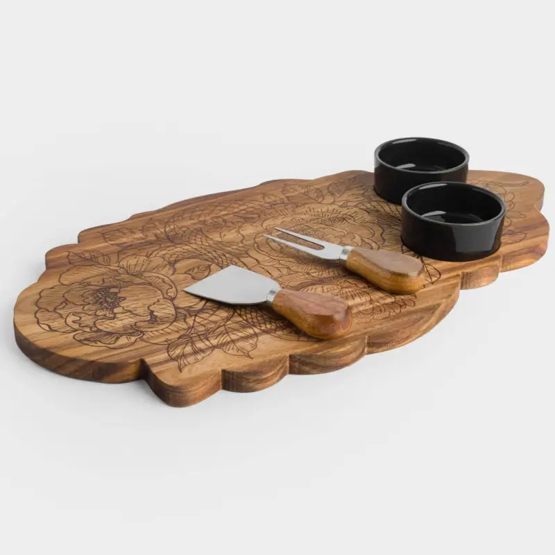 Cheese set, 5 items, dish board/bowl, steel / ceramic / wood, Snake in flowers, Noble tree