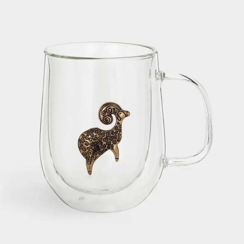 Mug, 350 ml, glass B / metal, golden, Aries, Air zodiac