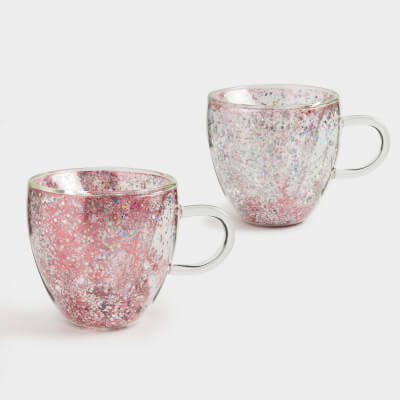 Mug, 250 ml, 2 pcs, glass B, with silver-pink sequins, Heart, Air sparkly ,image-0