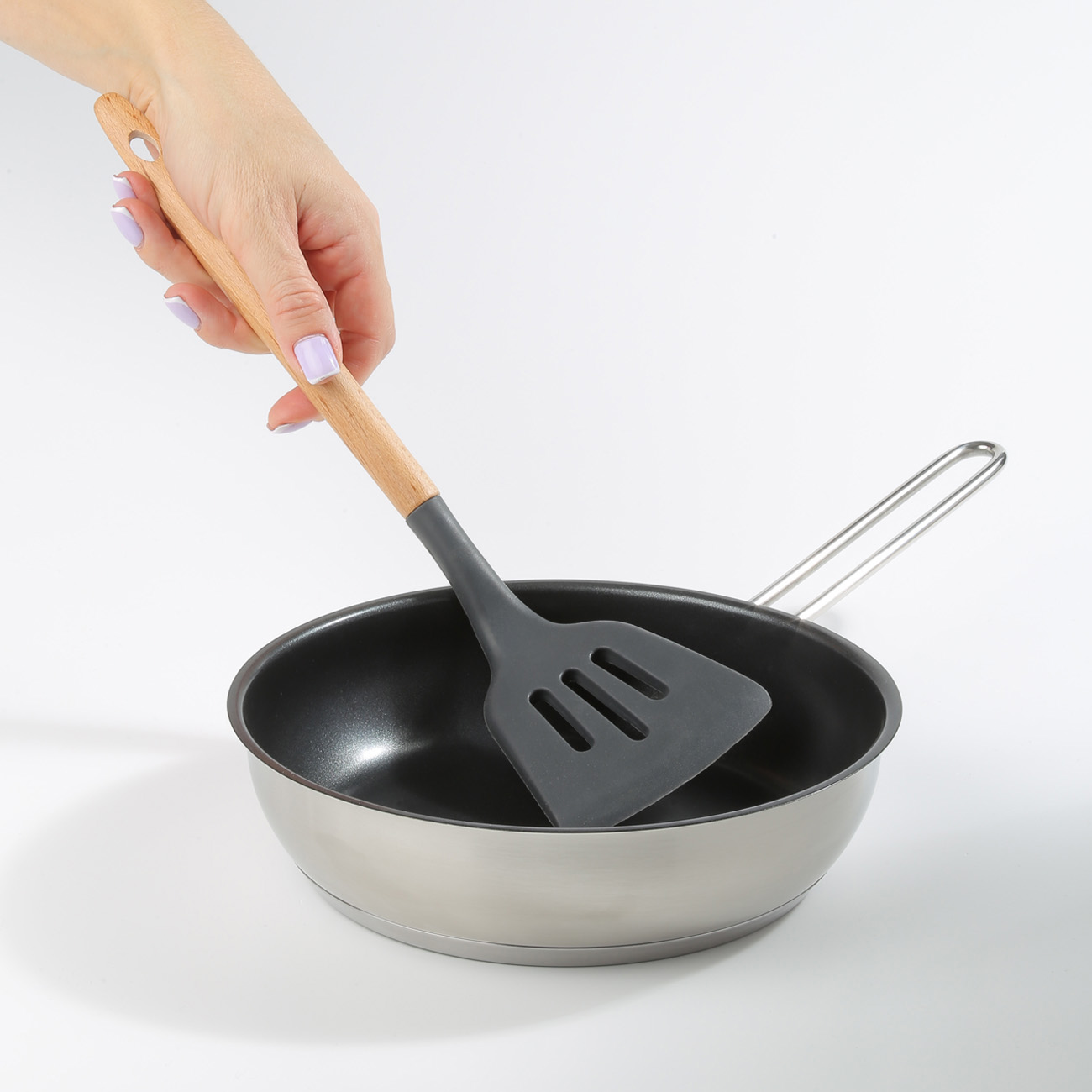 Spatula, 32 cm, slotted, silicone / wood, gray, Weekend, image-3