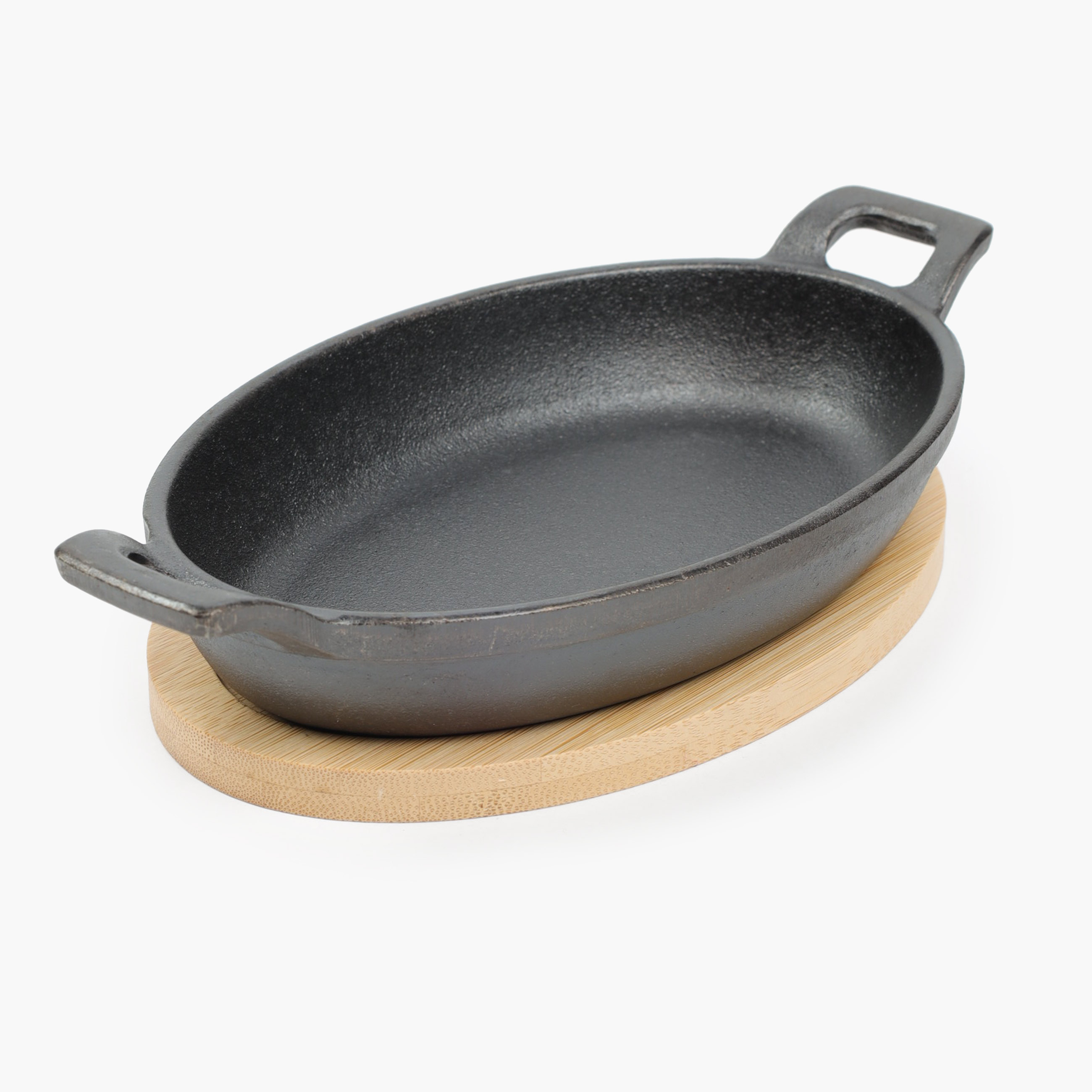 Frying pan, 18 cm, on a stand, with handles, cast iron / bamboo, oval, black, Authentic