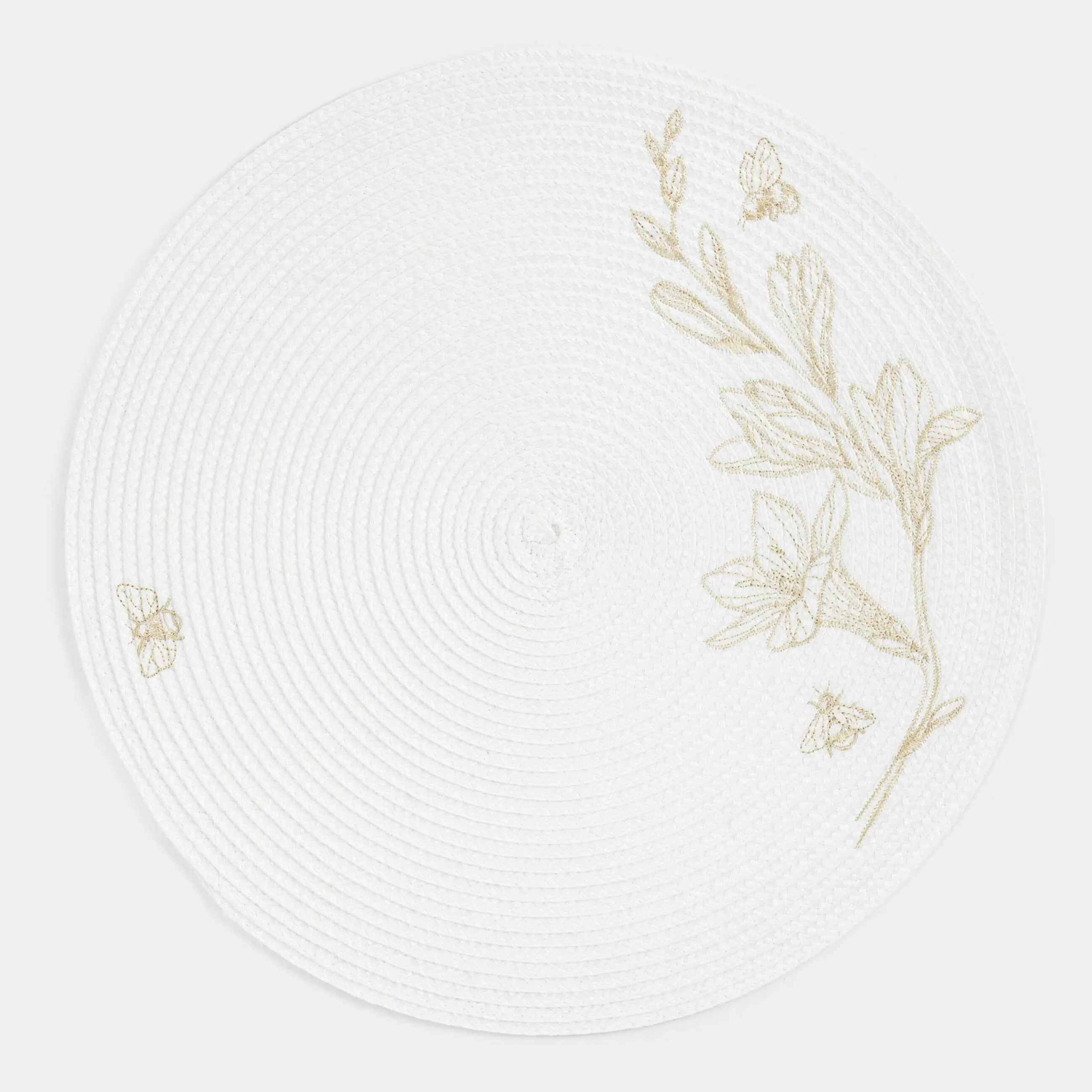 Placemat, 38 cm, polypropylene/PET, Round, Light grey, Flowers, Circle embroidery