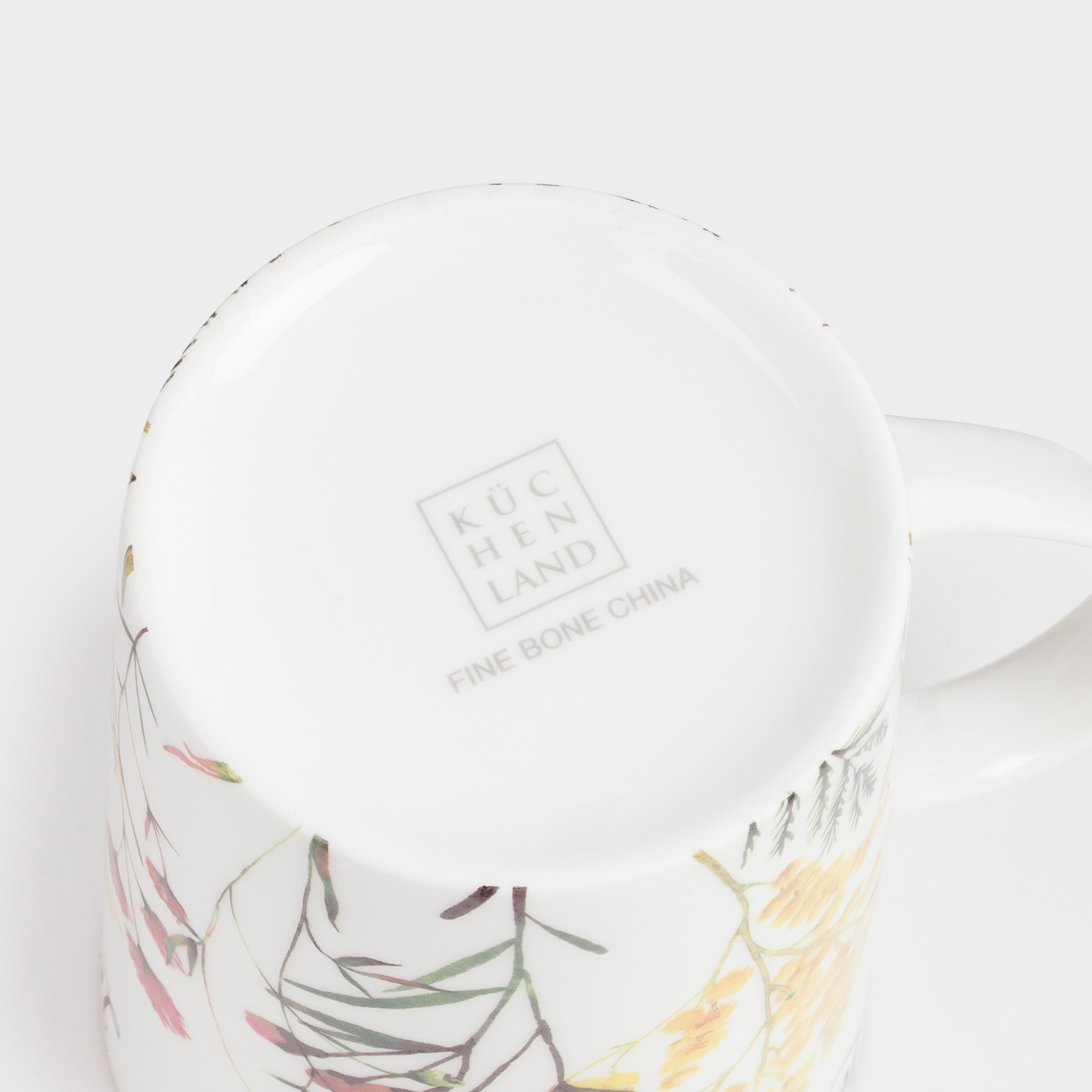 Mug, 450 ml, porcelain F, white, with golden edging, Flowers and mimosa, Flower garden, image-3