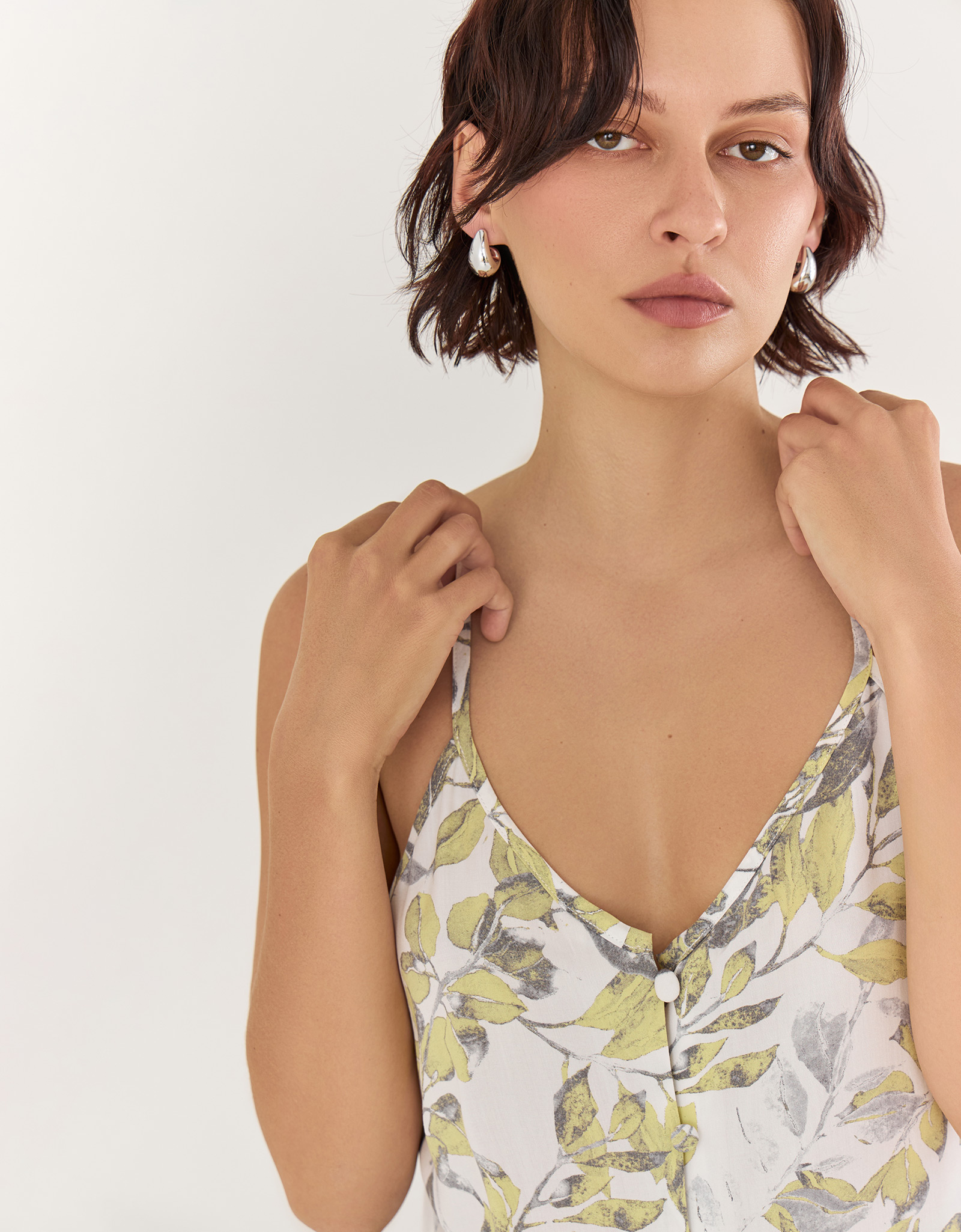 Women's top, homewear, size L, buttons, viscose, white and yellow, Leaves, Leksi, image-2